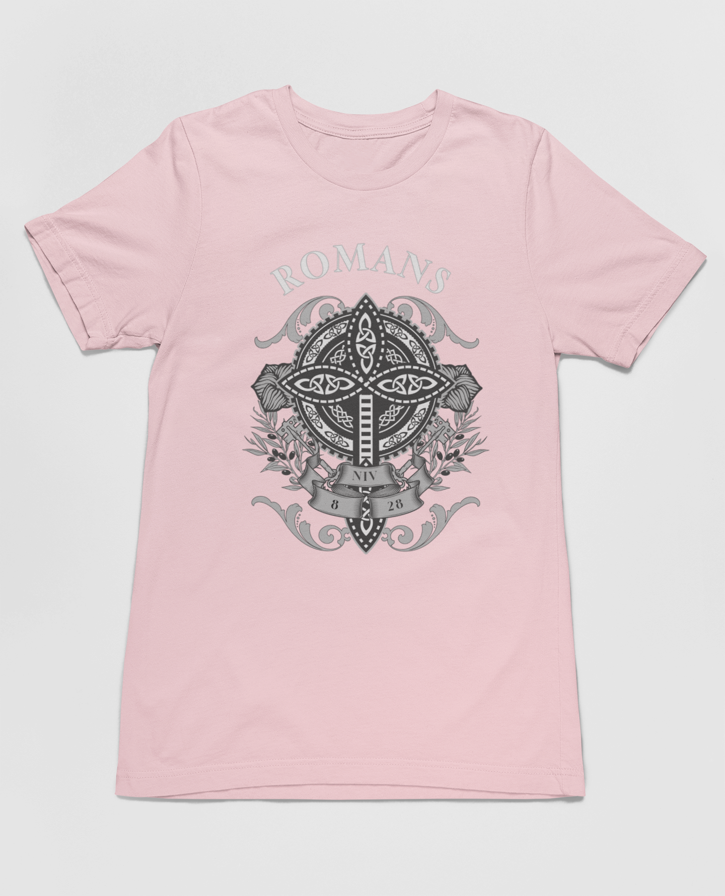 Christian Romans 8:28 Faith T-Shirt featuring the inspiring Bible verse "All Things Work Together for Good," with a cross-centered graphic and floral accents.