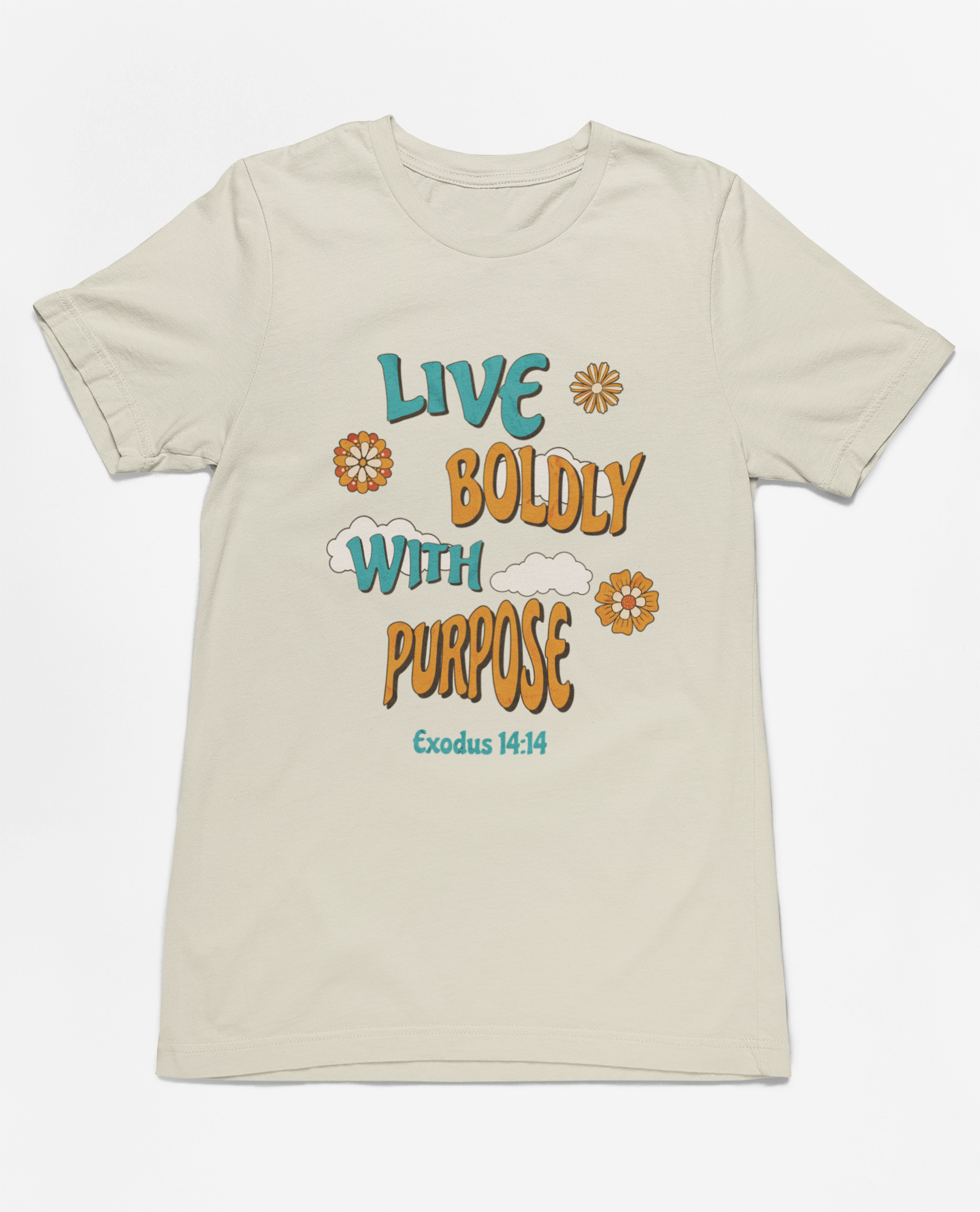 Christian Inspirational Live Boldly With Purpose T-Shirt, Exodus 14:14 scripture t-shirt, retro-inspired faith t-shirt, motivational Christian shirt, unisex faith-based apparel, inspirational religious clothing, cotton Christian shirt, floral retro scripture t-shirt, Christian outfit for believers