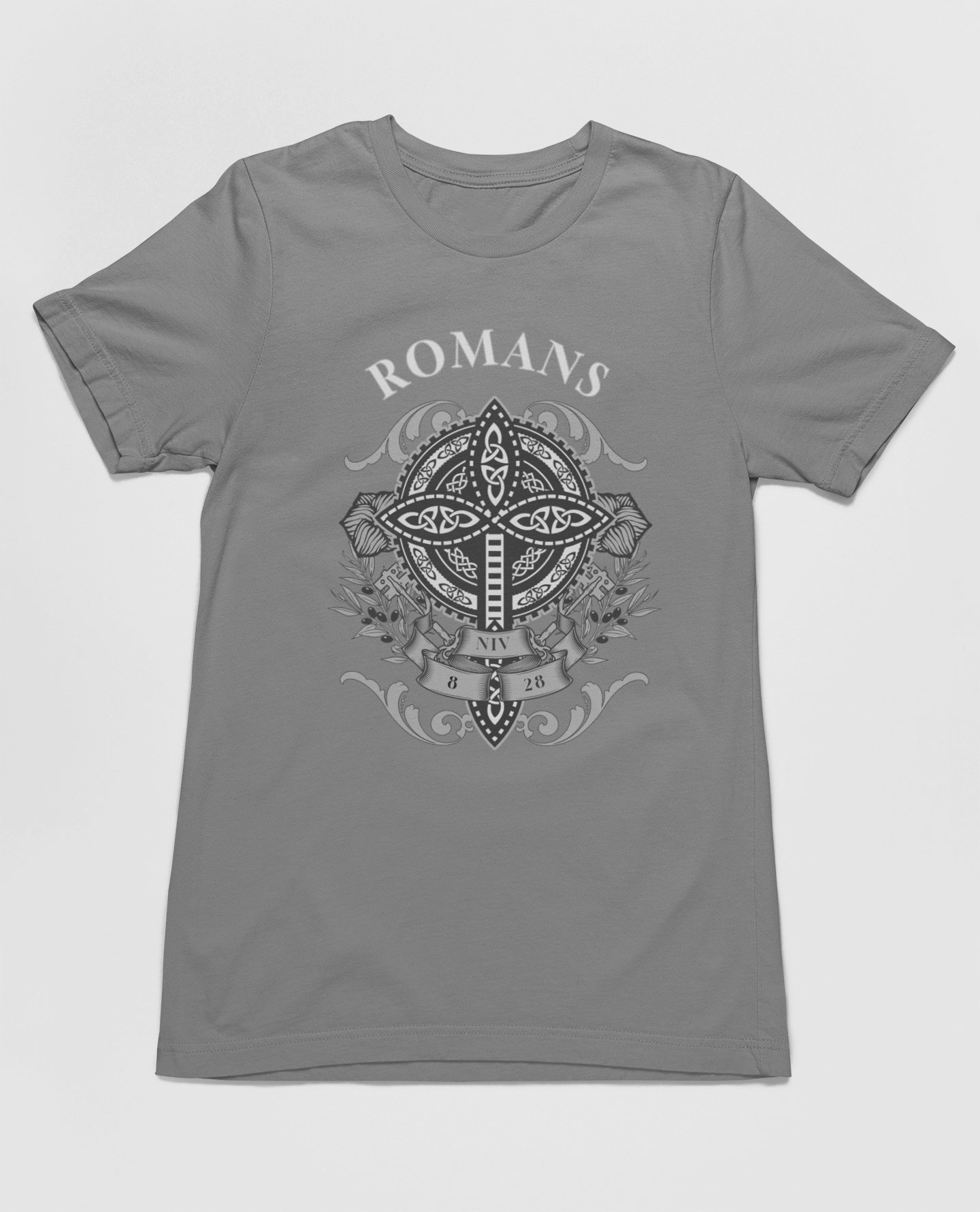 Christian Romans 8:28 Faith T-Shirt featuring the inspiring Bible verse "All Things Work Together for Good," with a cross-centered graphic and floral accents.