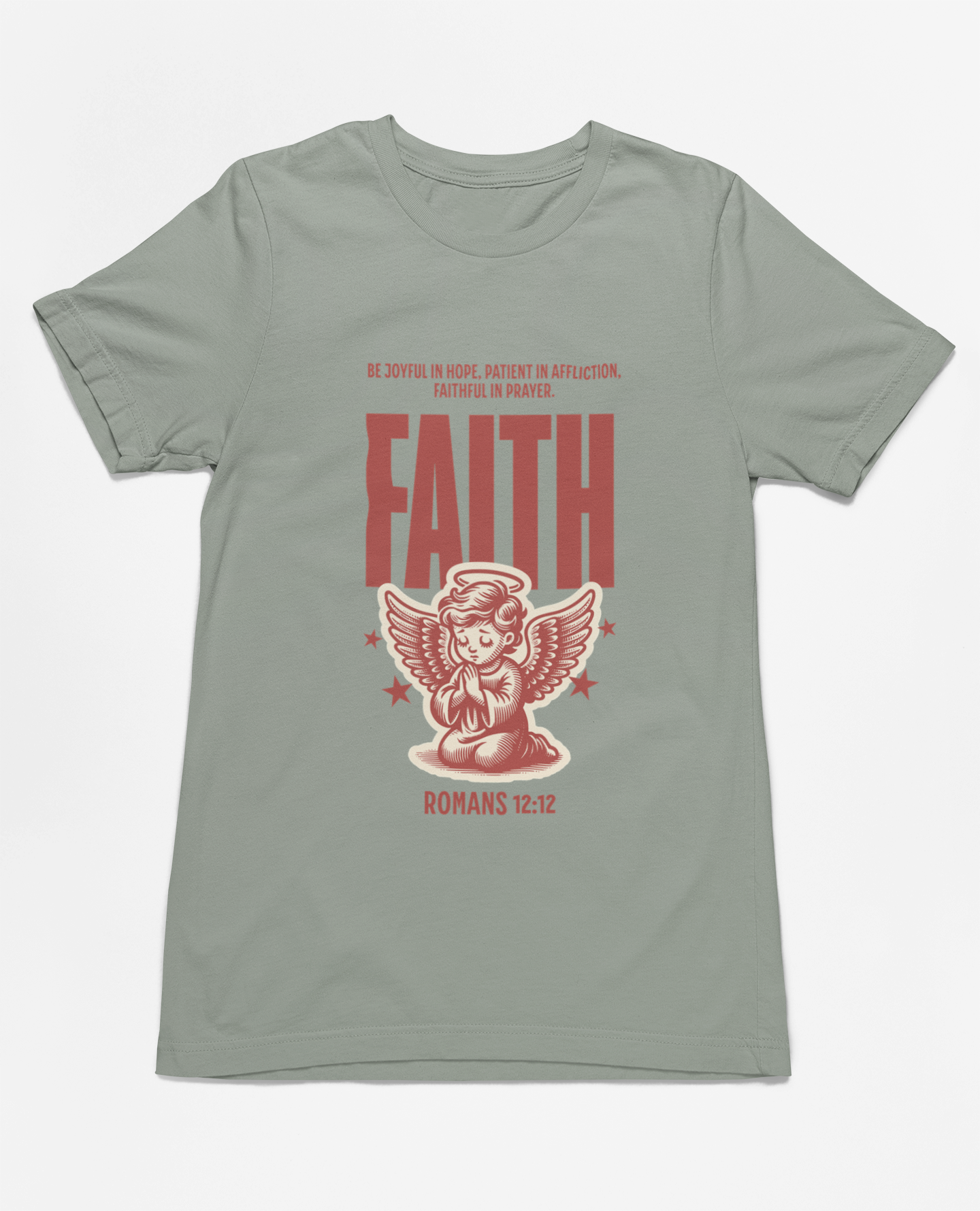 "Christian T-Shirt with 'Faith Romans 12:12' and angel illustration."
"Inspirational faith-based apparel with Bible verse design."
"Religious t-shirt for men and women with angel graphic and 'Faith' typography."
"Comfortable and soft Christian tee for everyday wear and church events."
"Uplifting Bible verse shirt spreading hope, faith, and love."