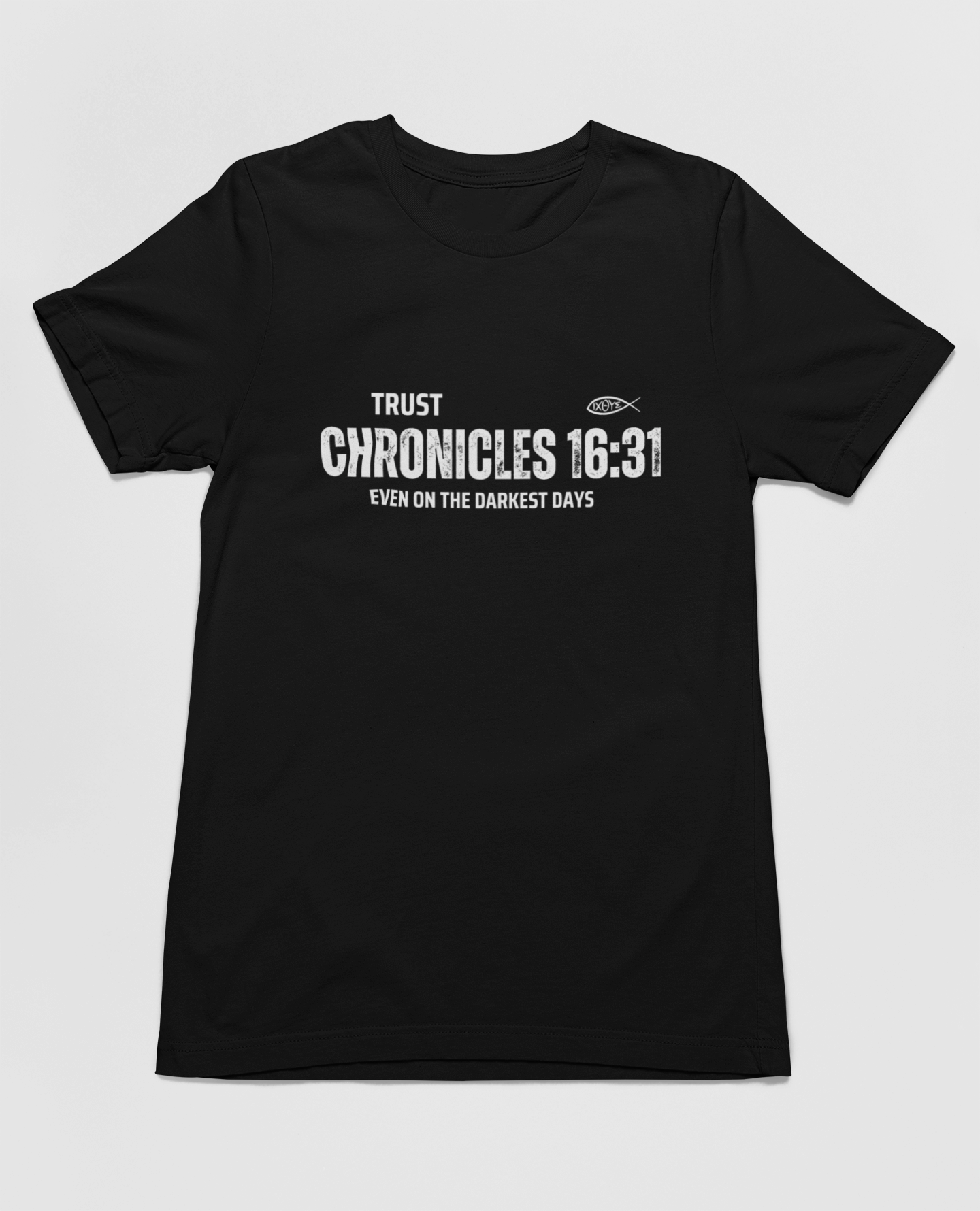 "black t-shirt featuring Chronicles 16:31 scripture and ichthys symbol design."
"Faith-inspired Chronicles 16:31 t-shirt with minimalist typography."
"Trust Chronicles 16:31 t-shirt for strength and encouragement in faith."
"Christian t-shirt featuring scripture design with ichthys symbol."
"Inspirational Bible verse t-shirt for everyday faith expression."