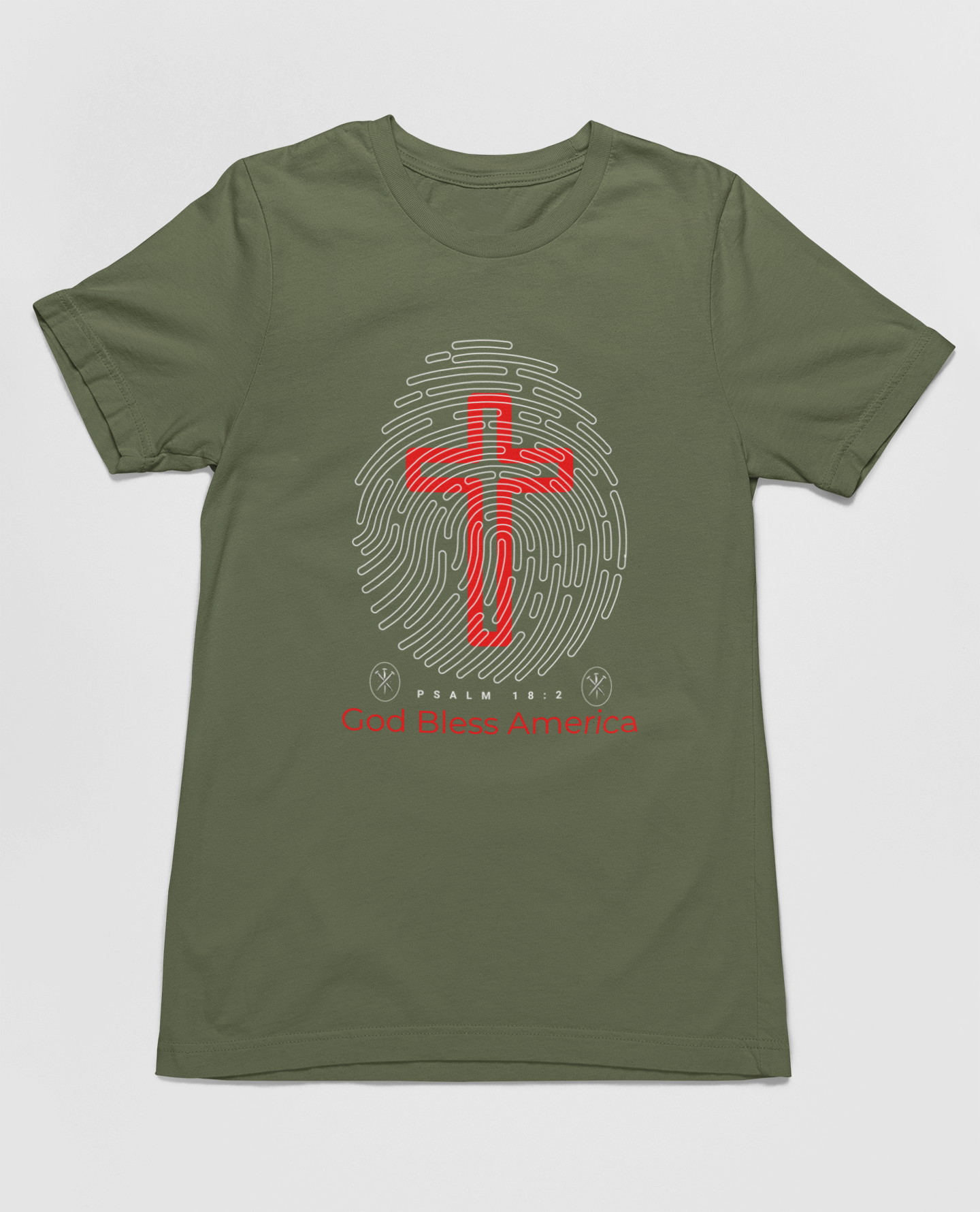 "God Bless America t-shirt with fingerprint and red cross design."
"Christian patriotic t-shirt featuring Psalm 18:2 scripture."
"Stylish and comfortable faith-based shirt for all occasions."
"Red cross design on a light blue Christian t-shirt."
"Patriotic and spiritual apparel with unique fingerprint graphic."