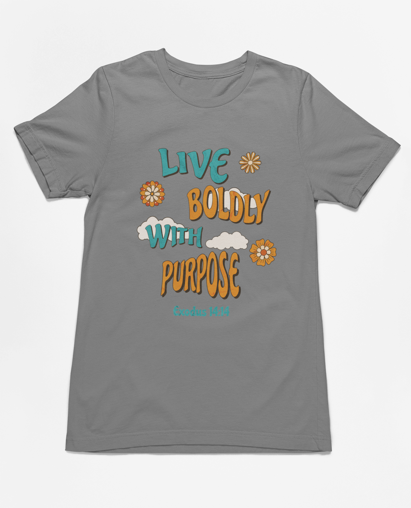 Christian Inspirational Live Boldly With Purpose T-Shirt, Exodus 14:14 scripture t-shirt, retro-inspired faith t-shirt, motivational Christian shirt, unisex faith-based apparel, inspirational religious clothing, cotton Christian shirt, floral retro scripture t-shirt, Christian outfit for believers