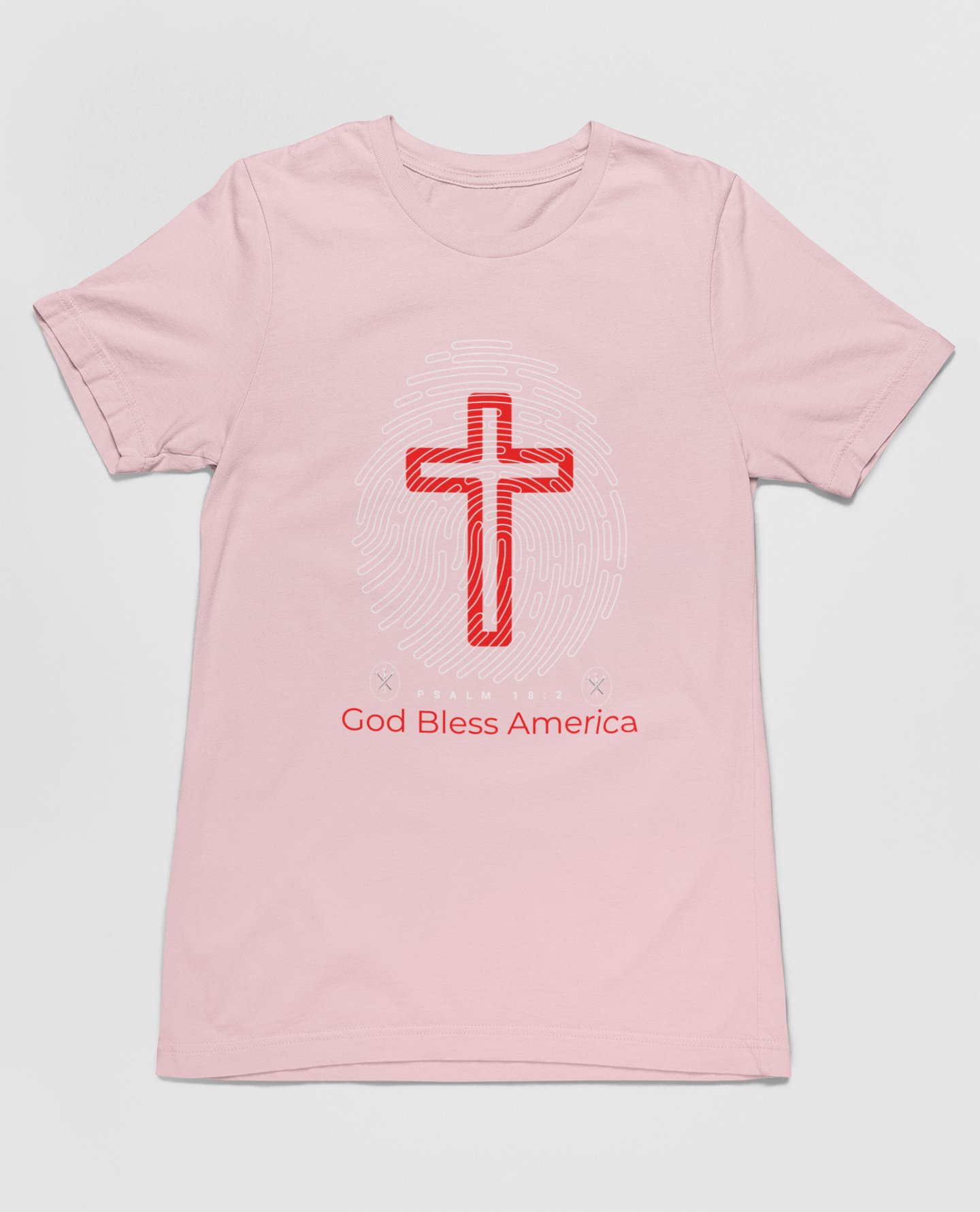 "God Bless America t-shirt with fingerprint and red cross design."
"Christian patriotic t-shirt featuring Psalm 18:2 scripture."
"Stylish and comfortable faith-based shirt for all occasions."
"Red cross design on a light blue Christian t-shirt."
"Patriotic and spiritual apparel with unique fingerprint graphic."