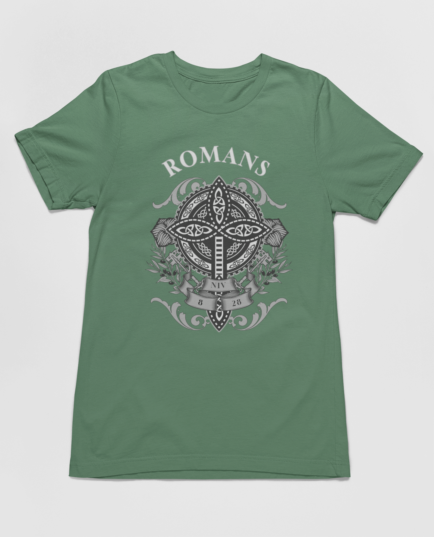 Christian Romans 8:28 Faith T-Shirt featuring the inspiring Bible verse "All Things Work Together for Good," with a cross-centered graphic and floral accents.