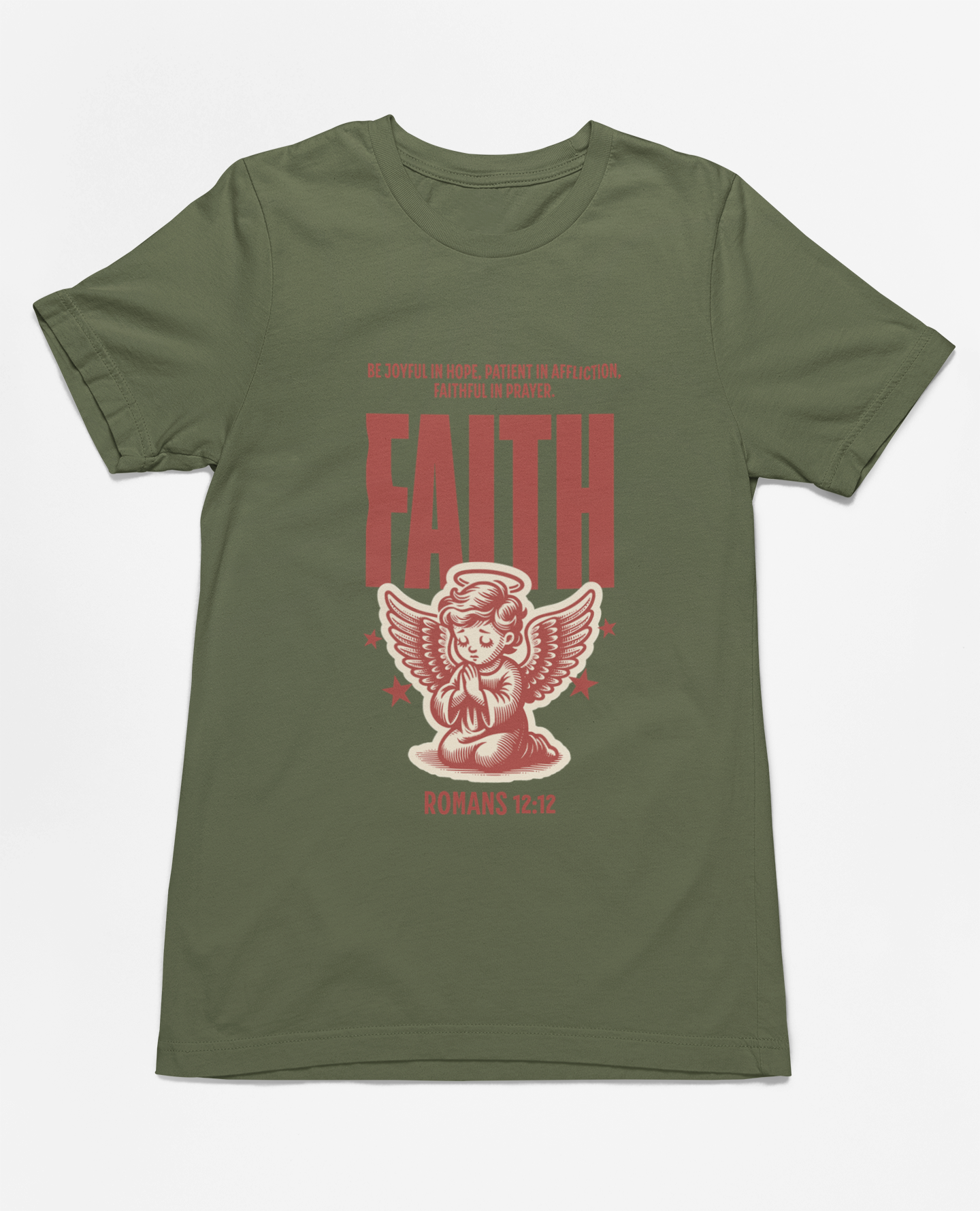 "Christian T-Shirt with 'Faith Romans 12:12' and angel illustration."
"Inspirational faith-based apparel with Bible verse design."
"Religious t-shirt for men and women with angel graphic and 'Faith' typography."
"Comfortable and soft Christian tee for everyday wear and church events."
"Uplifting Bible verse shirt spreading hope, faith, and love."
