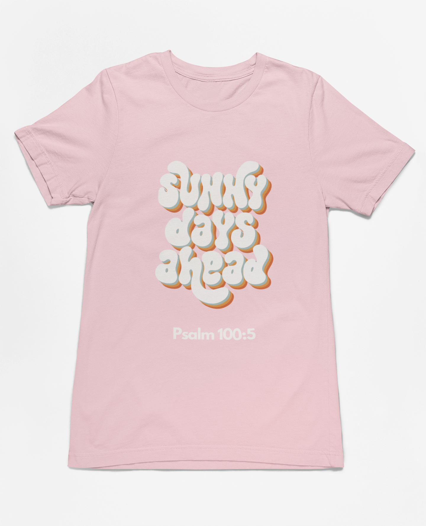 "Sunny Days Ahead t-shirt featuring Psalm 100:5 and retro typography in bold colors."
"Faith-inspired t-shirt with uplifting message and scripture, Psalm 100:5."
"Pink t-shirt with retro typography and spiritual design."
"Christian t-shirt featuring ‘Sunny Days Ahead’ and inspirational message."
"Premium cotton t-shirt for faith-based fashion and everyday wear."