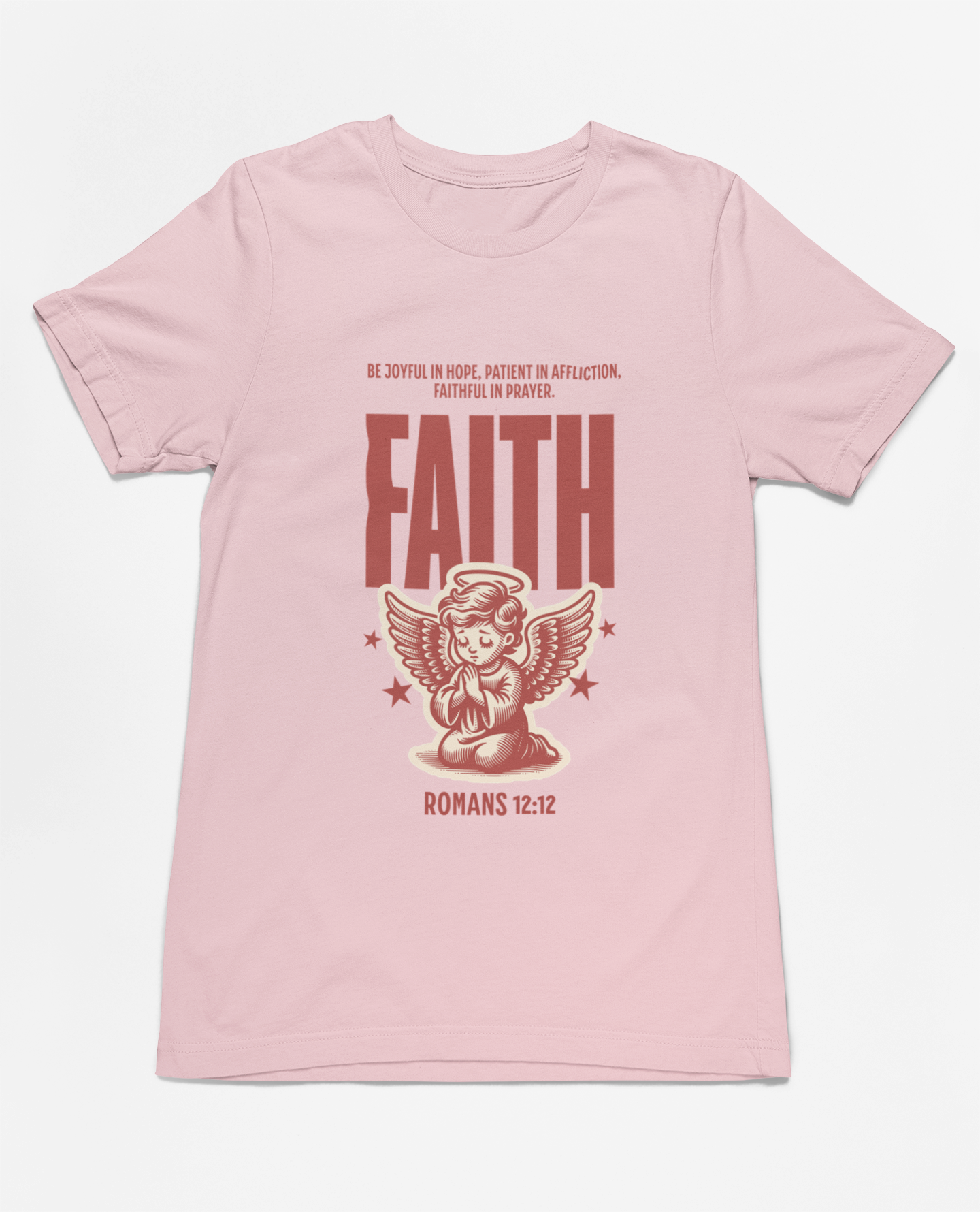 "Christian T-Shirt with 'Faith Romans 12:12' and angel illustration."
"Inspirational faith-based apparel with Bible verse design."
"Religious t-shirt for men and women with angel graphic and 'Faith' typography."
"Comfortable and soft Christian tee for everyday wear and church events."
"Uplifting Bible verse shirt spreading hope, faith, and love."