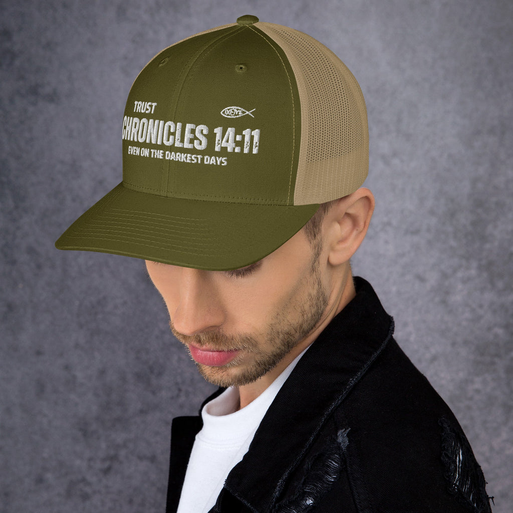 🧢 Chronicles 14:11 “Trust Even on the Darkest Days” Embroidered Trucker Snapback Hat | Hats – GodSpeed Threads