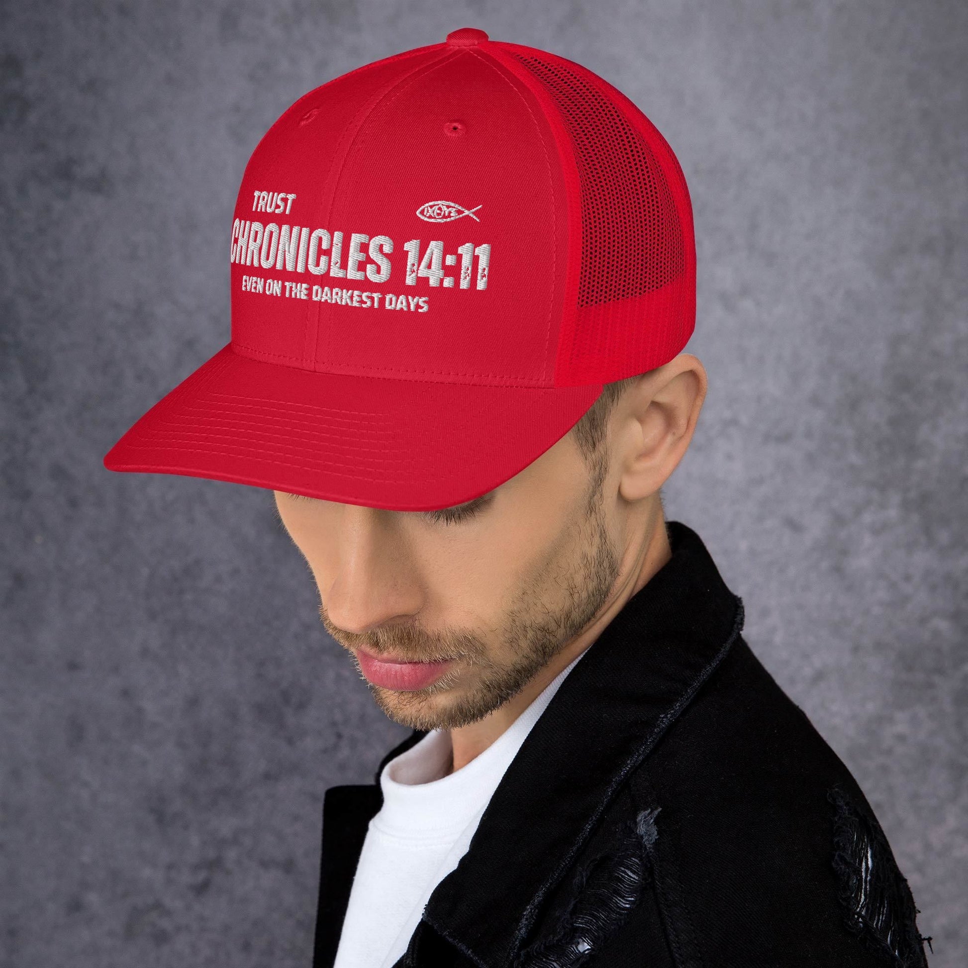 🧢 Chronicles 14:11 “Trust Even on the Darkest Days” Embroidered Trucker Snapback Hat | Hats – GodSpeed Threads