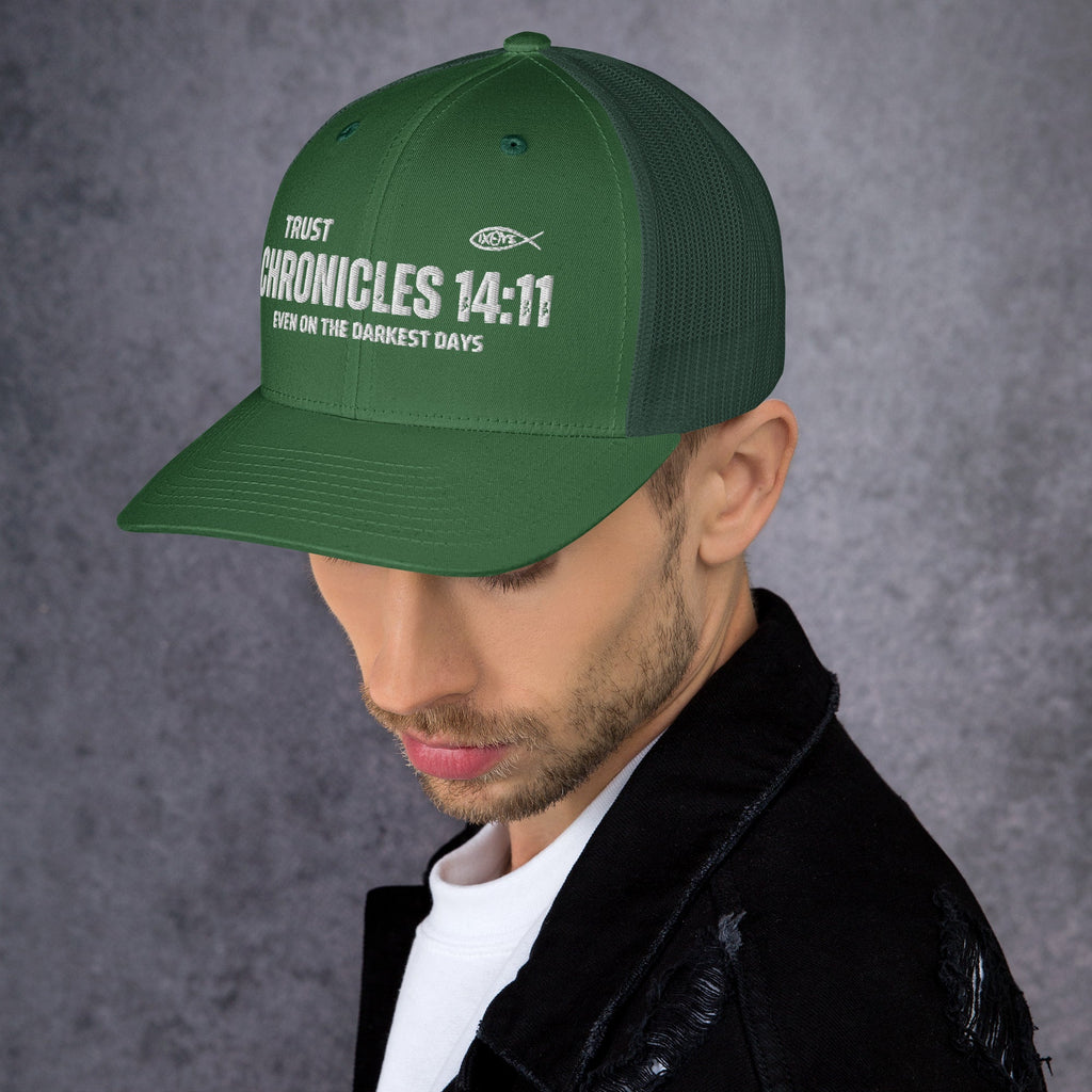 🧢 Chronicles 14:11 “Trust Even on the Darkest Days” Embroidered Trucker Snapback Hat | Hats – GodSpeed Threads