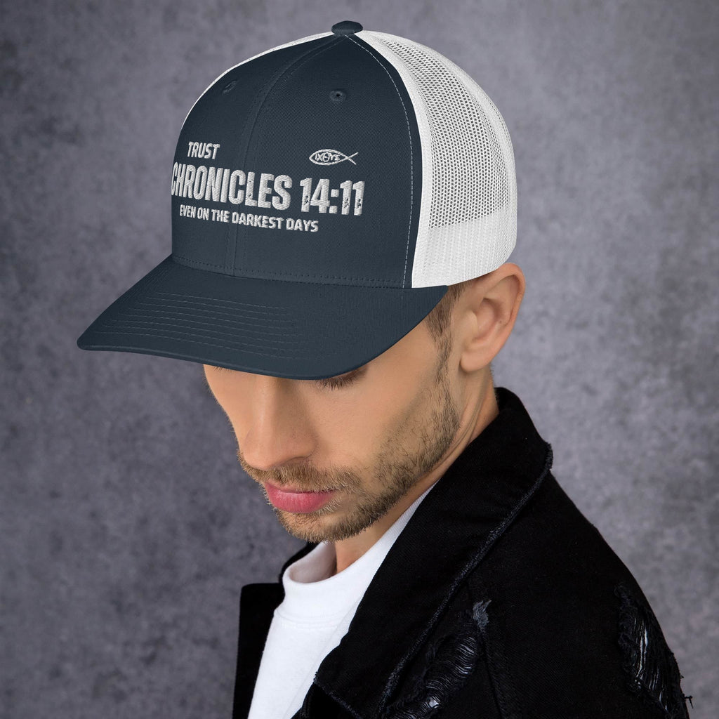🧢 Chronicles 14:11 “Trust Even on the Darkest Days” Embroidered Trucker Snapback Hat | Hats – GodSpeed Threads