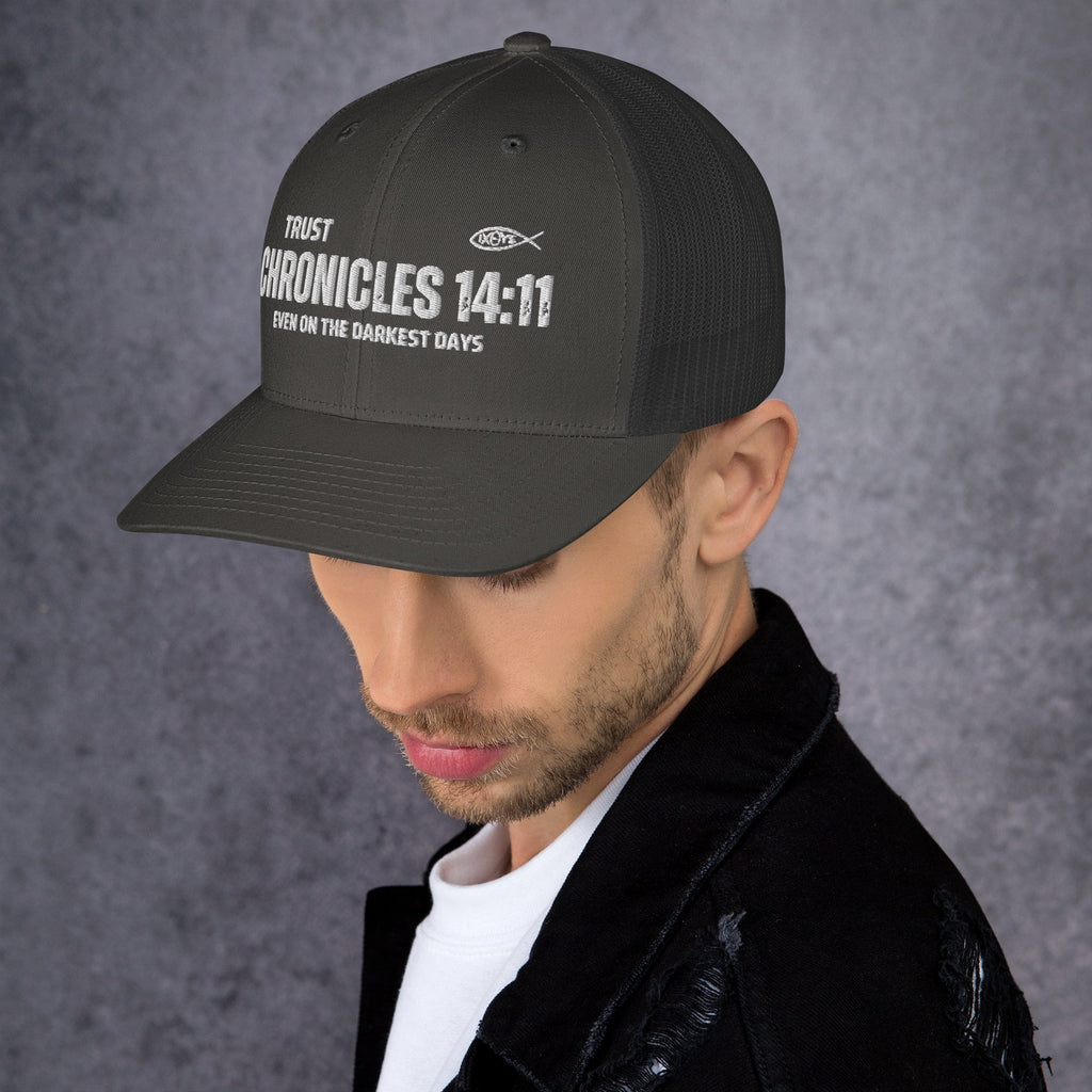 🧢 Chronicles 14:11 “Trust Even on the Darkest Days” Embroidered Trucker Snapback Hat | Hats – GodSpeed Threads