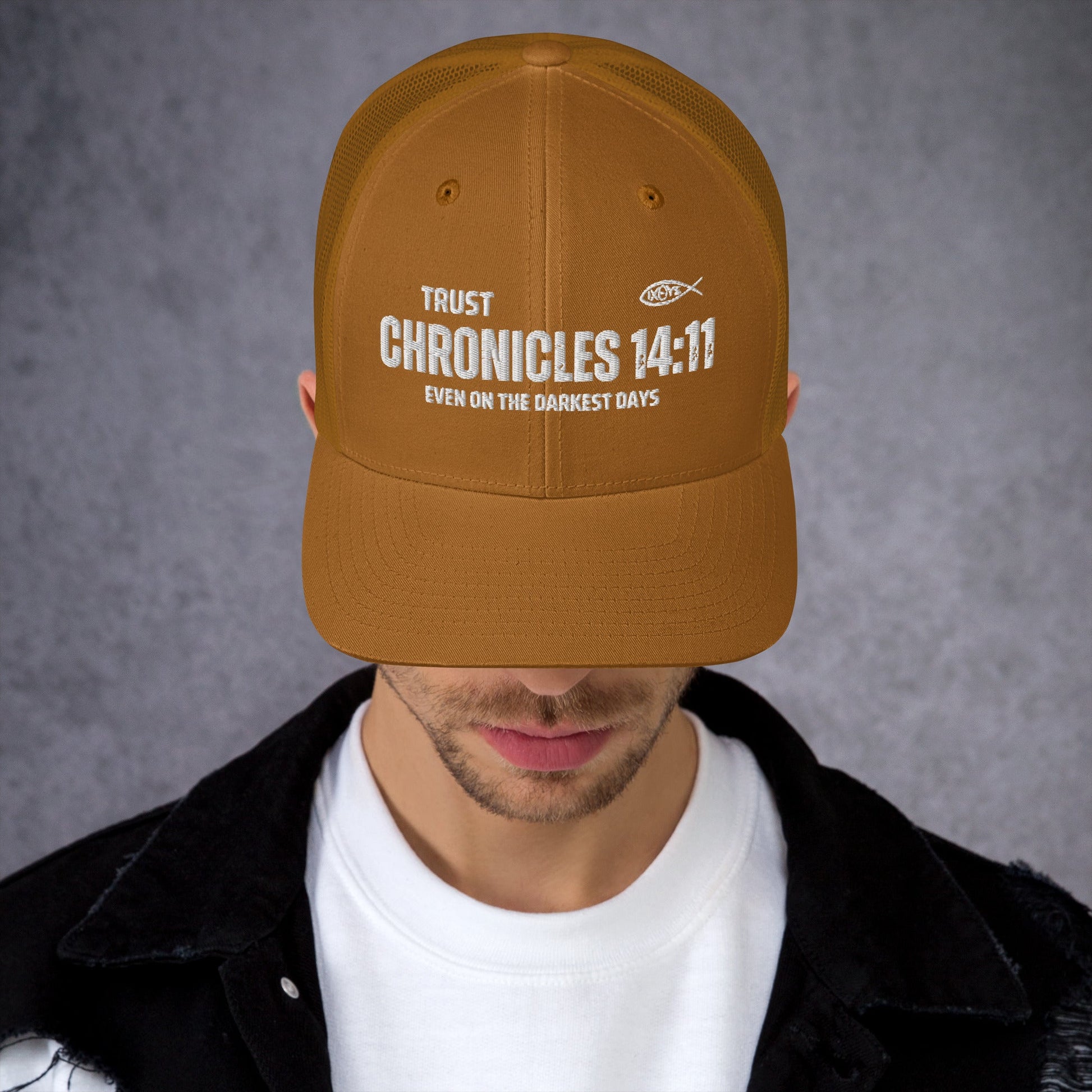 🧢 Chronicles 14:11 “Trust Even on the Darkest Days” Embroidered Trucker Snapback Hat | Hats – GodSpeed Threads