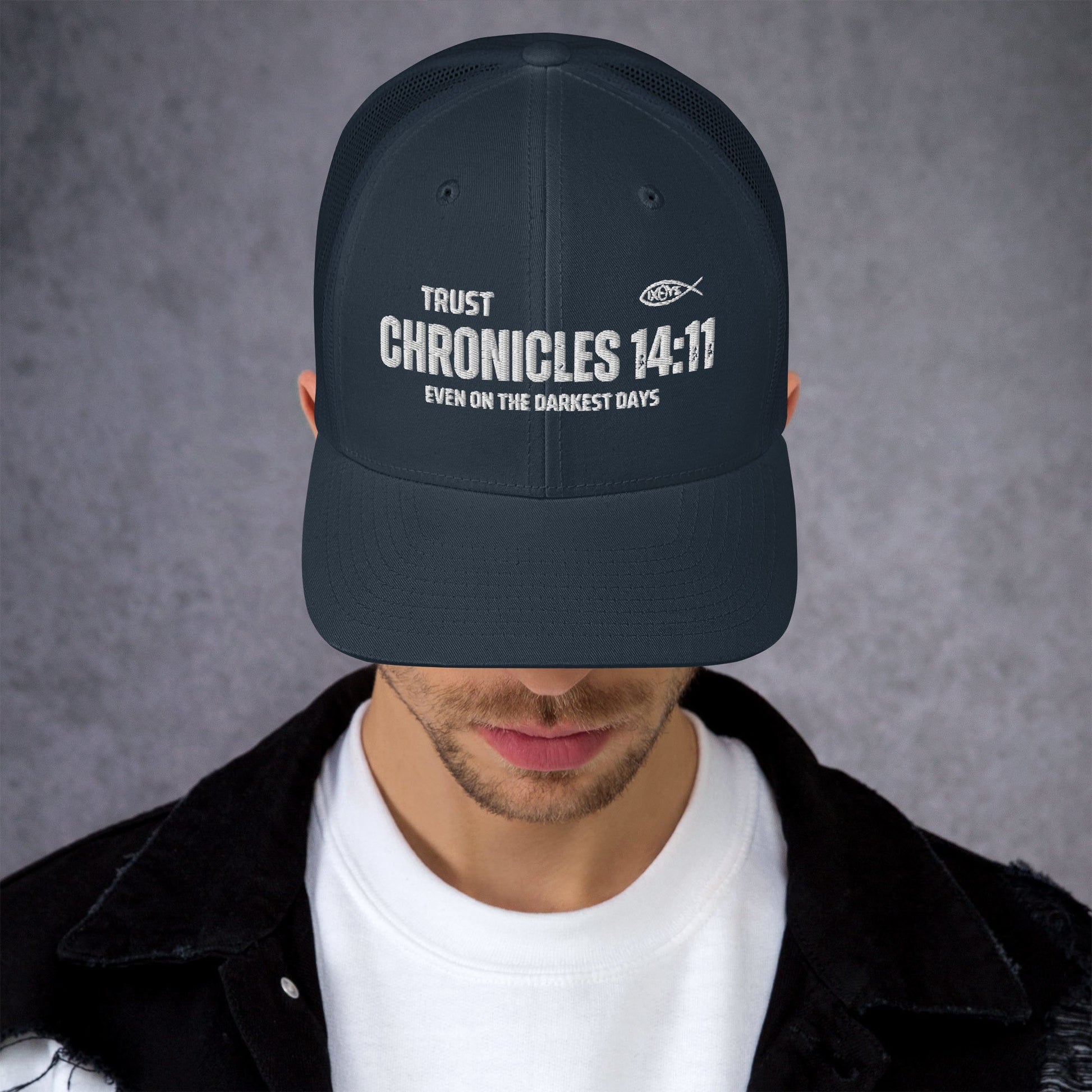 🧢 Chronicles 14:11 “Trust Even on the Darkest Days” Embroidered Trucker Snapback Hat | Hats – GodSpeed Threads