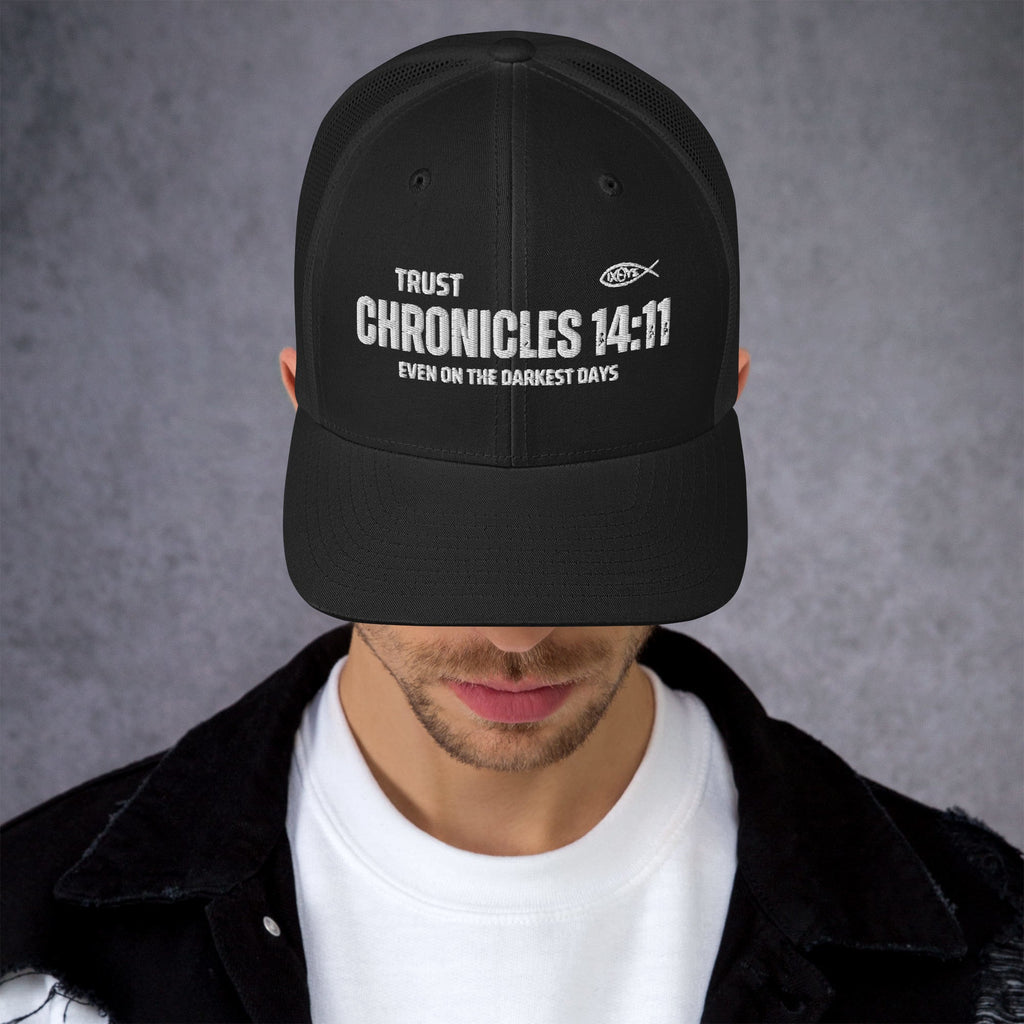 🧢 Chronicles 14:11 “Trust Even on the Darkest Days” Embroidered Trucker Snapback Hat | Hats – GodSpeed Threads