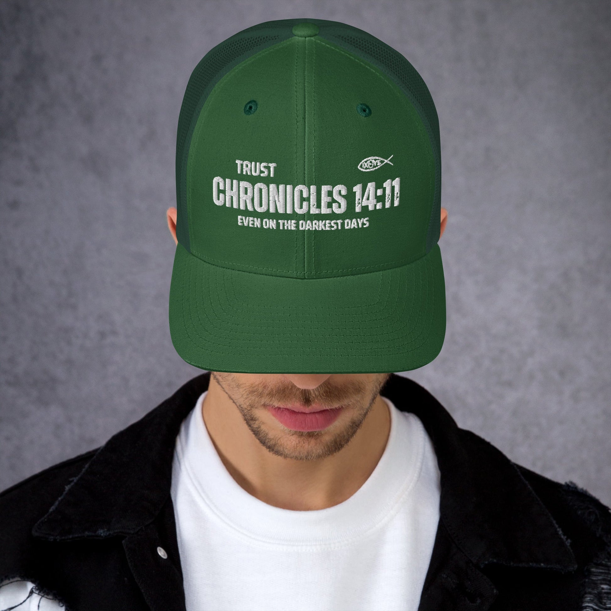 🧢 Chronicles 14:11 “Trust Even on the Darkest Days” Embroidered Trucker Snapback Hat | Hats – GodSpeed Threads