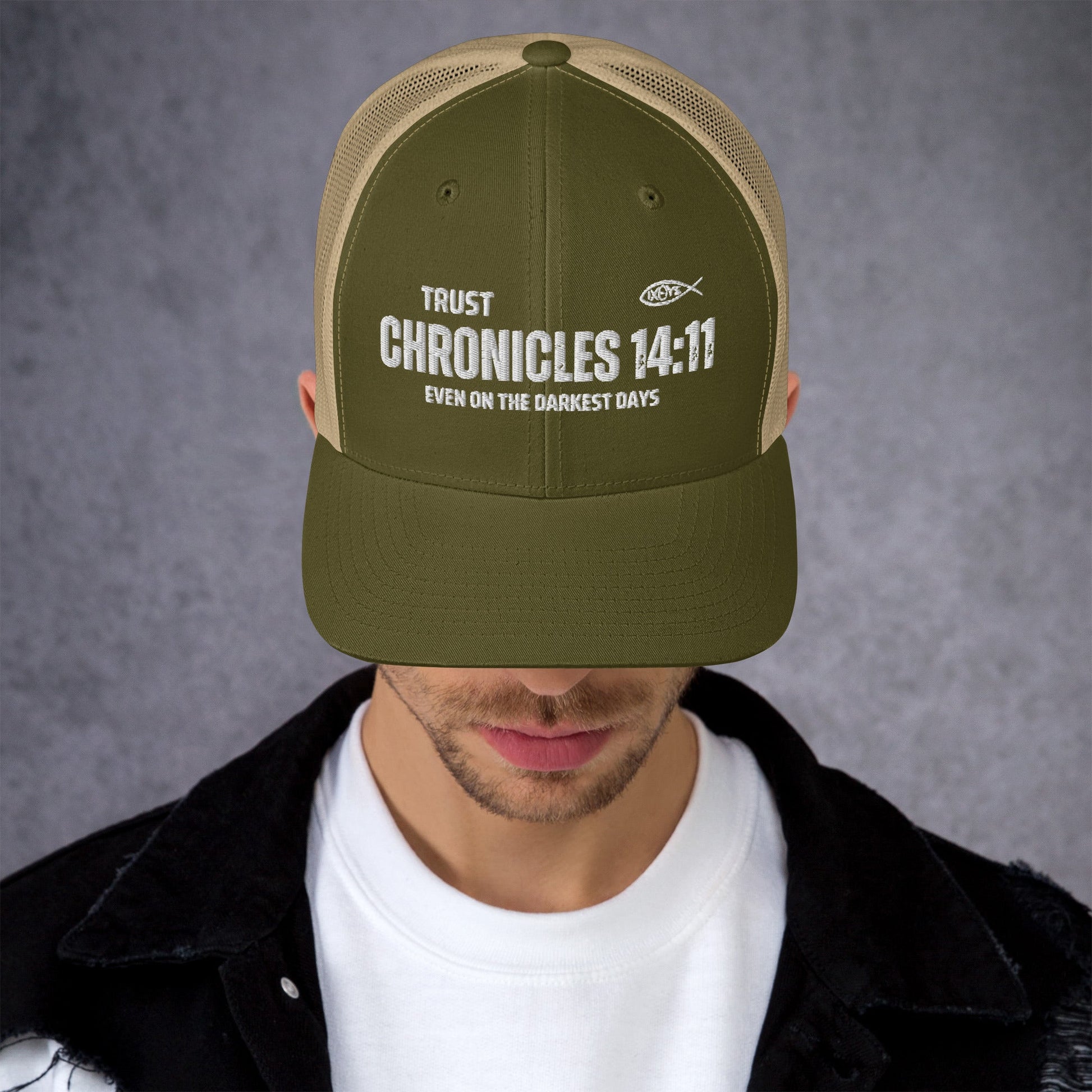🧢 Chronicles 14:11 “Trust Even on the Darkest Days” Embroidered Trucker Snapback Hat | Hats – GodSpeed Threads