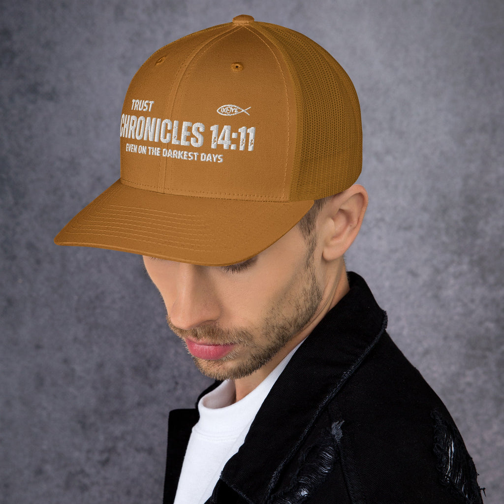 🧢 Chronicles 14:11 “Trust Even on the Darkest Days” Embroidered Trucker Snapback Hat | Hats – GodSpeed Threads