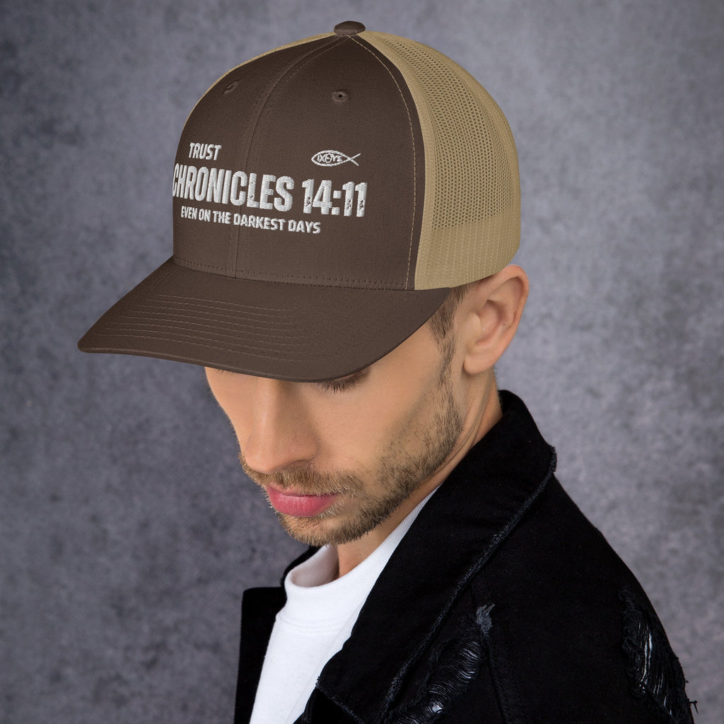 🧢 Chronicles 14:11 “Trust Even on the Darkest Days” Embroidered Trucker Snapback Hat | Hats – GodSpeed Threads