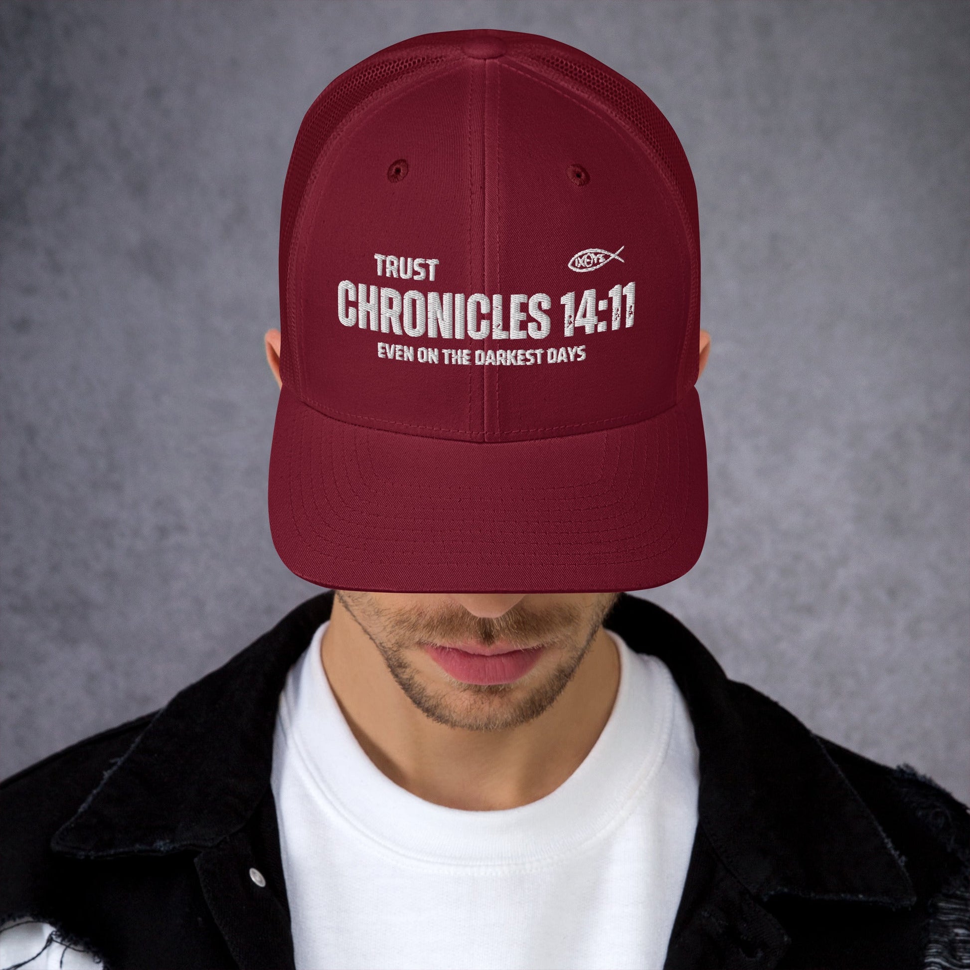 🧢 Chronicles 14:11 “Trust Even on the Darkest Days” Embroidered Trucker Snapback Hat | Hats – GodSpeed Threads