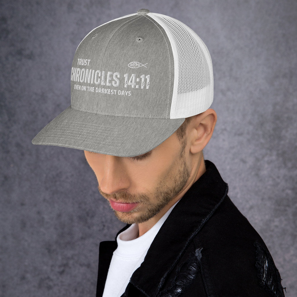 🧢 Chronicles 14:11 “Trust Even on the Darkest Days” Embroidered Trucker Snapback Hat | Hats – GodSpeed Threads
