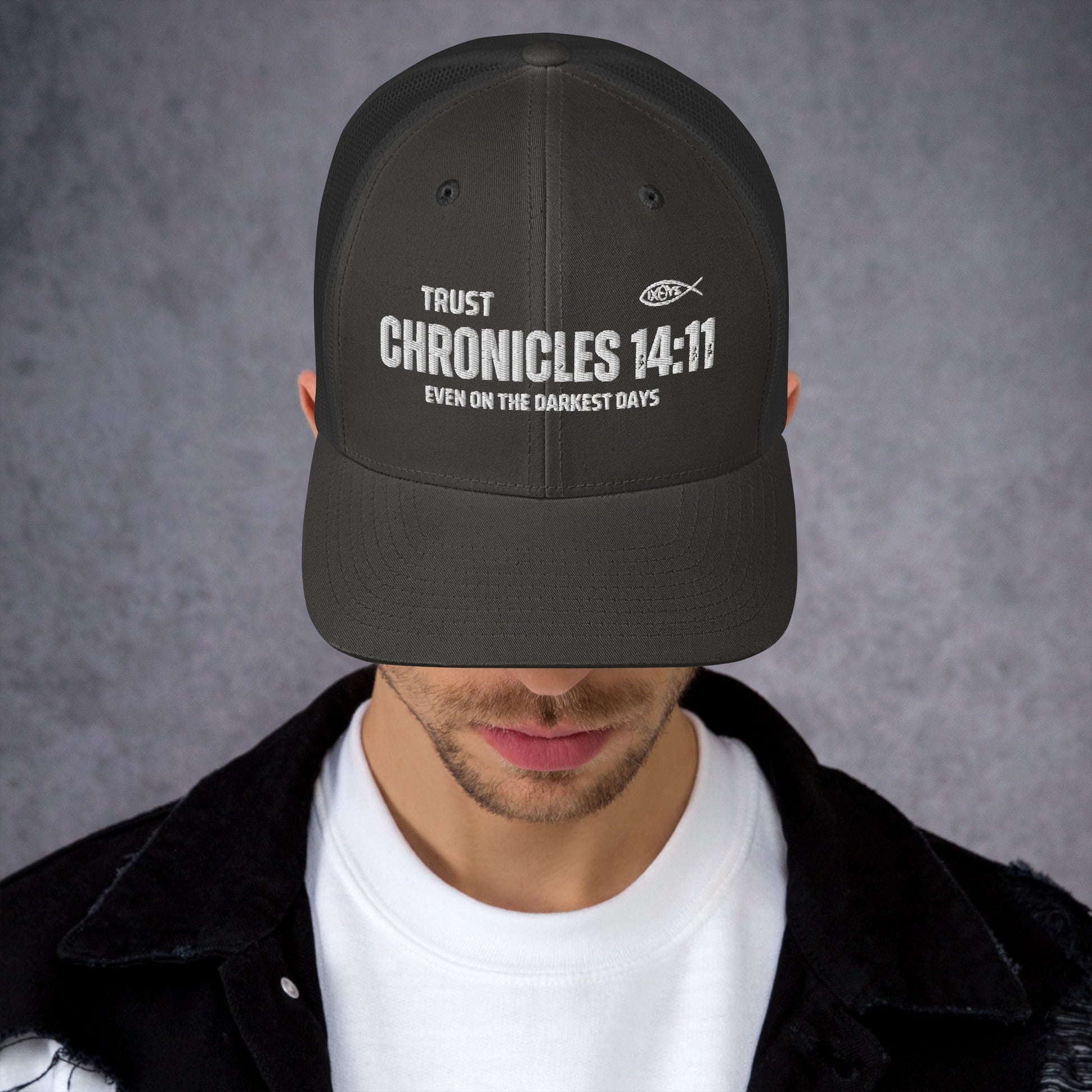 🧢 Chronicles 14:11 “Trust Even on the Darkest Days” Embroidered Trucker Snapback Hat | Hats – GodSpeed Threads