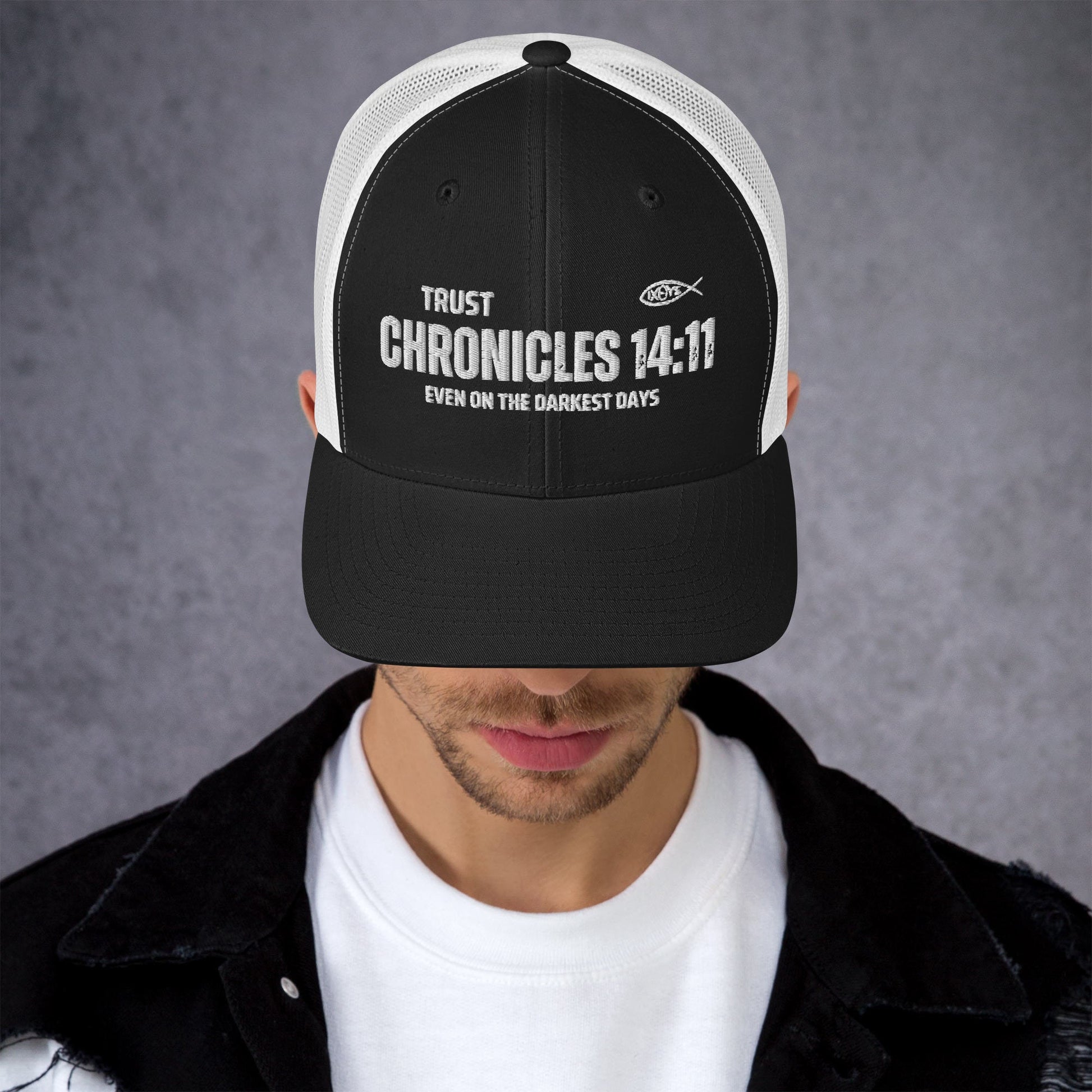 🧢 Chronicles 14:11 “Trust Even on the Darkest Days” Embroidered Trucker Snapback Hat | Hats – GodSpeed Threads