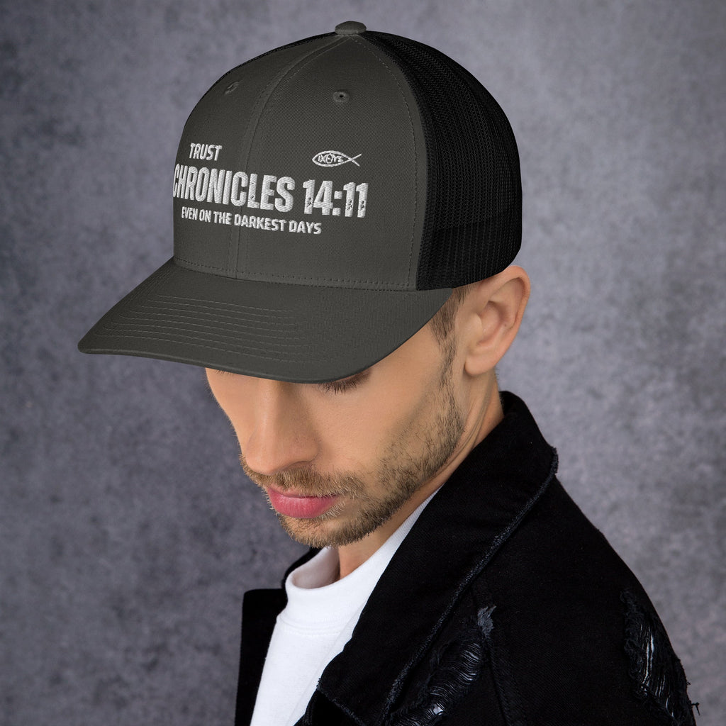🧢 Chronicles 14:11 “Trust Even on the Darkest Days” Embroidered Trucker Snapback Hat | Hats – GodSpeed Threads