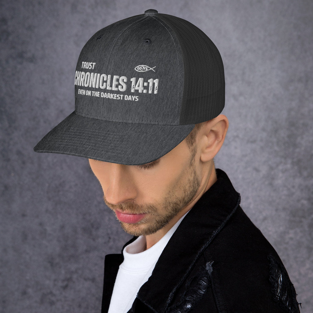 🧢 Chronicles 14:11 “Trust Even on the Darkest Days” Embroidered Trucker Snapback Hat | Hats – GodSpeed Threads