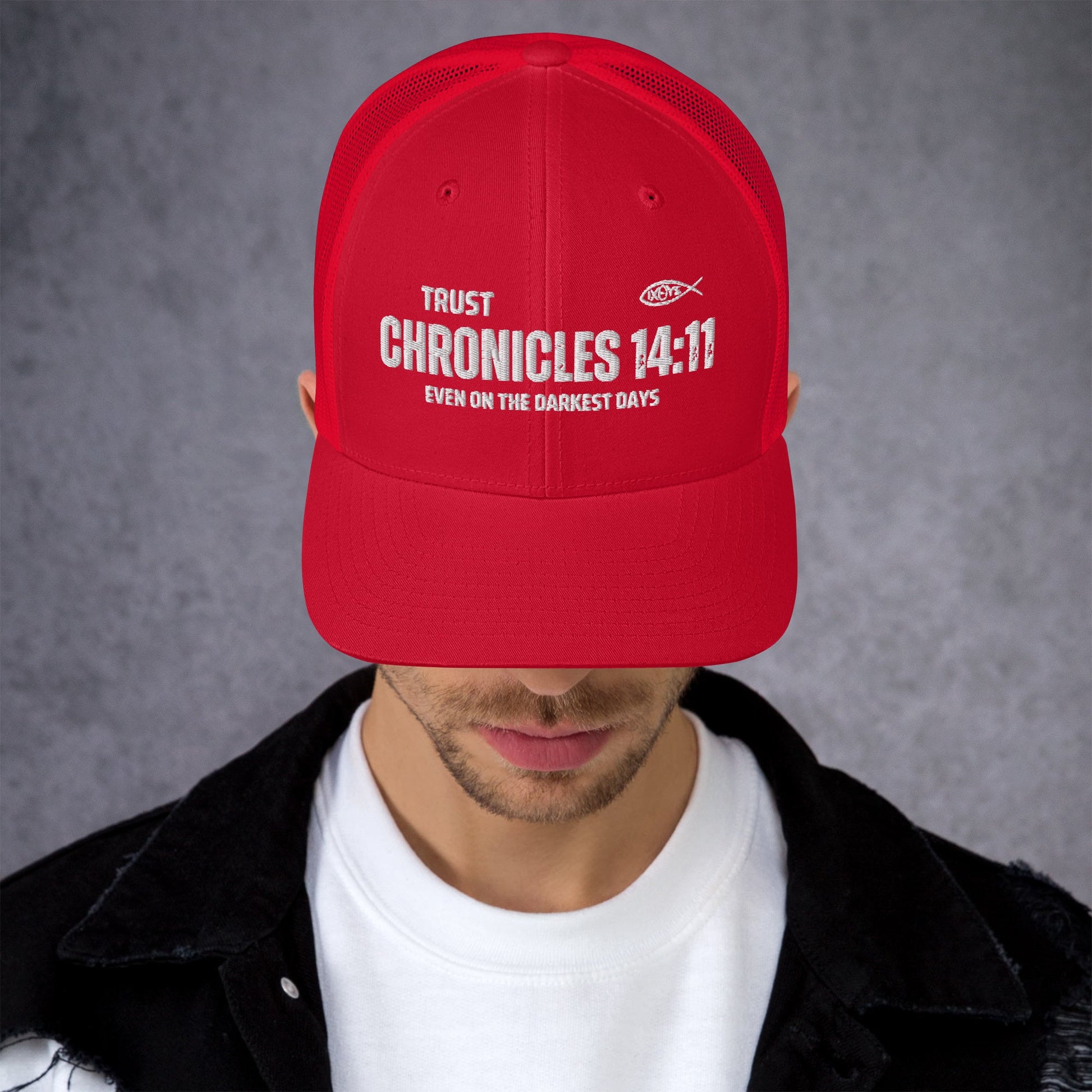 🧢 Chronicles 14:11 “Trust Even on the Darkest Days” Embroidered Trucker Snapback Hat | Hats – GodSpeed Threads