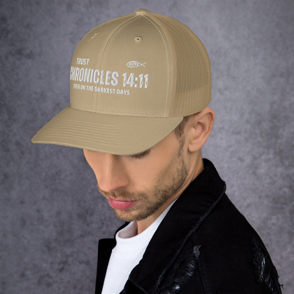 🧢 Chronicles 14:11 “Trust Even on the Darkest Days” Embroidered Trucker Snapback Hat | Hats – GodSpeed Threads
