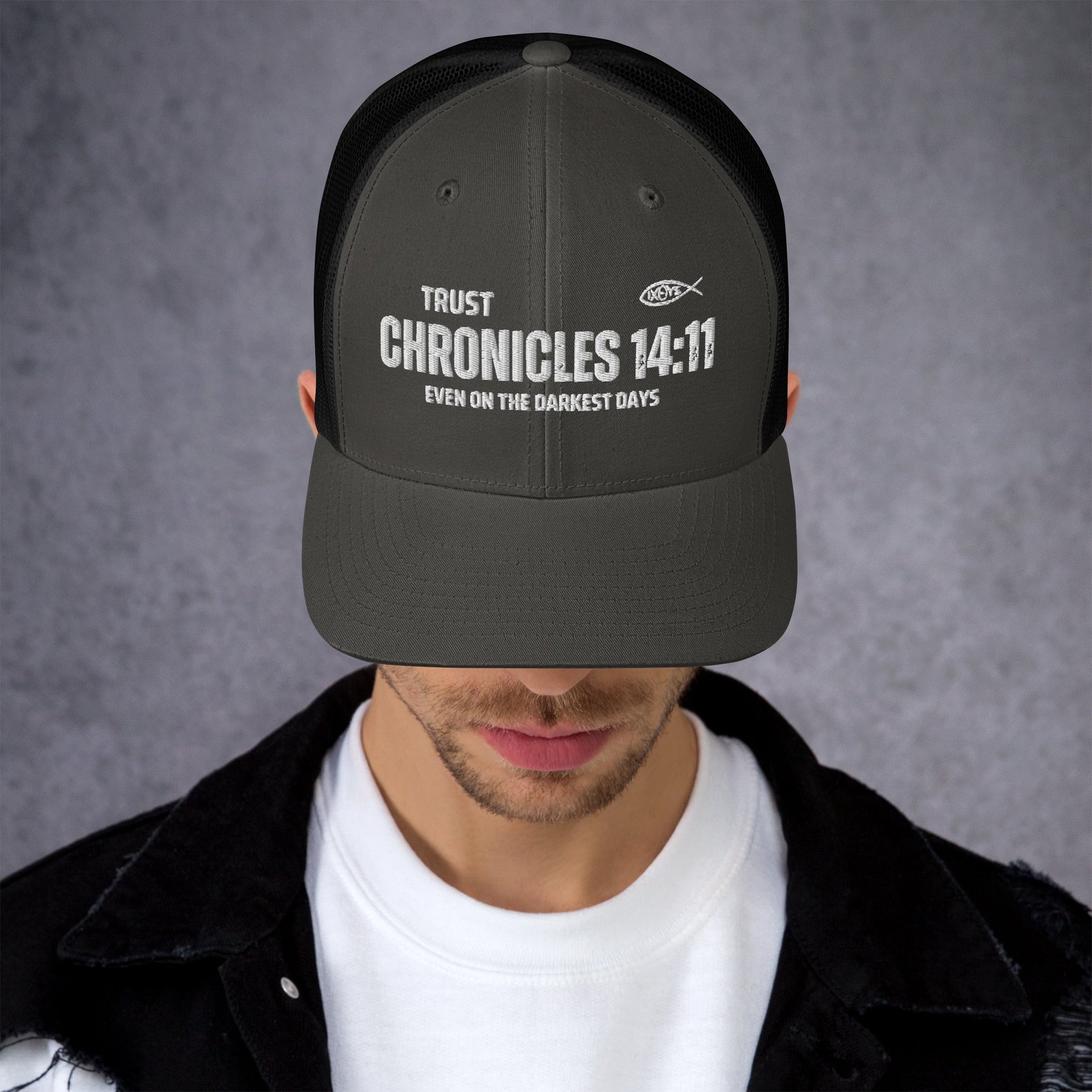 🧢 Chronicles 14:11 “Trust Even on the Darkest Days” Embroidered Trucker Snapback Hat | Hats – GodSpeed Threads