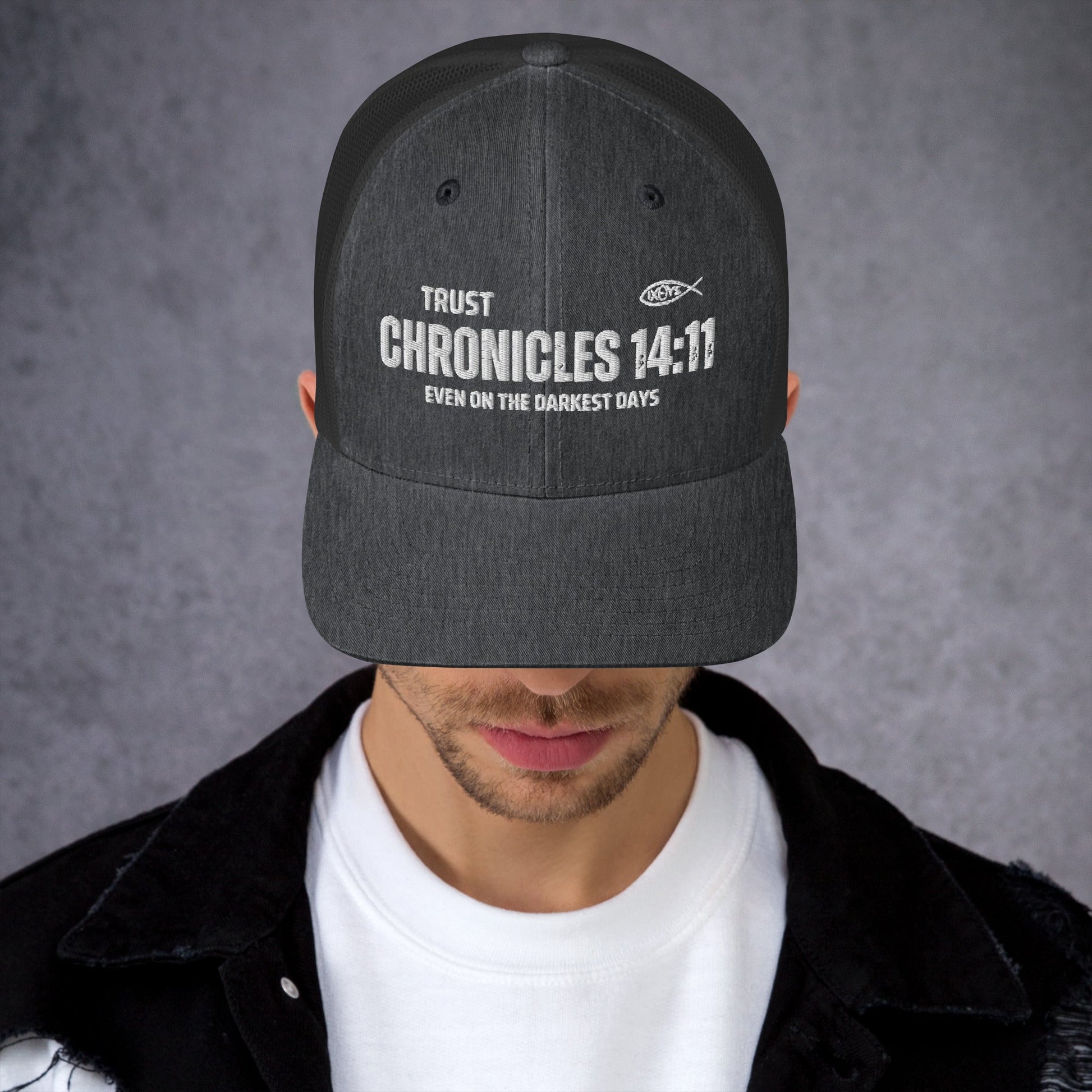 🧢 Chronicles 14:11 “Trust Even on the Darkest Days” Embroidered Trucker Snapback Hat | Hats – GodSpeed Threads