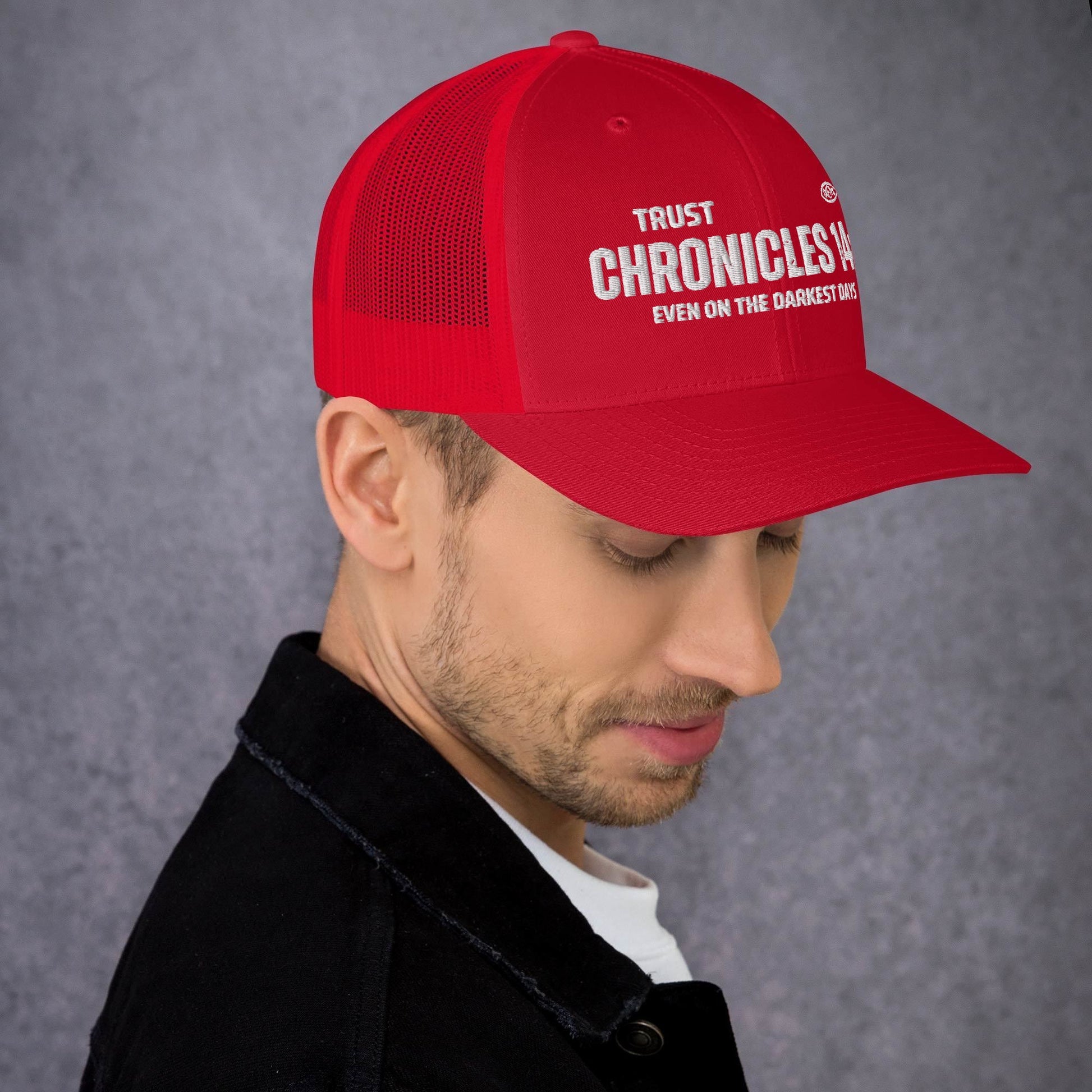 🧢 Chronicles 14:11 “Trust Even on the Darkest Days” Embroidered Trucker Snapback Hat | Hats – GodSpeed Threads