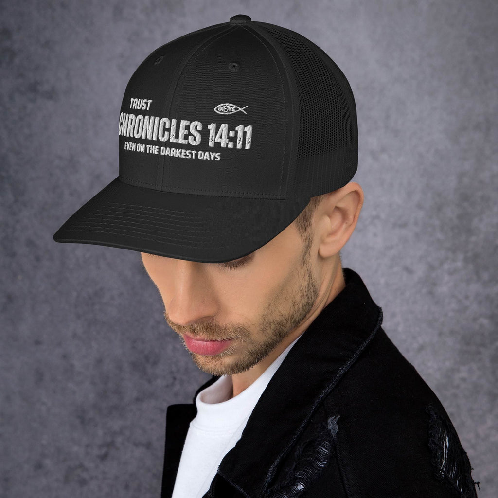 🧢 Chronicles 14:11 “Trust Even on the Darkest Days” Embroidered Trucker Snapback Hat | Hats – GodSpeed Threads