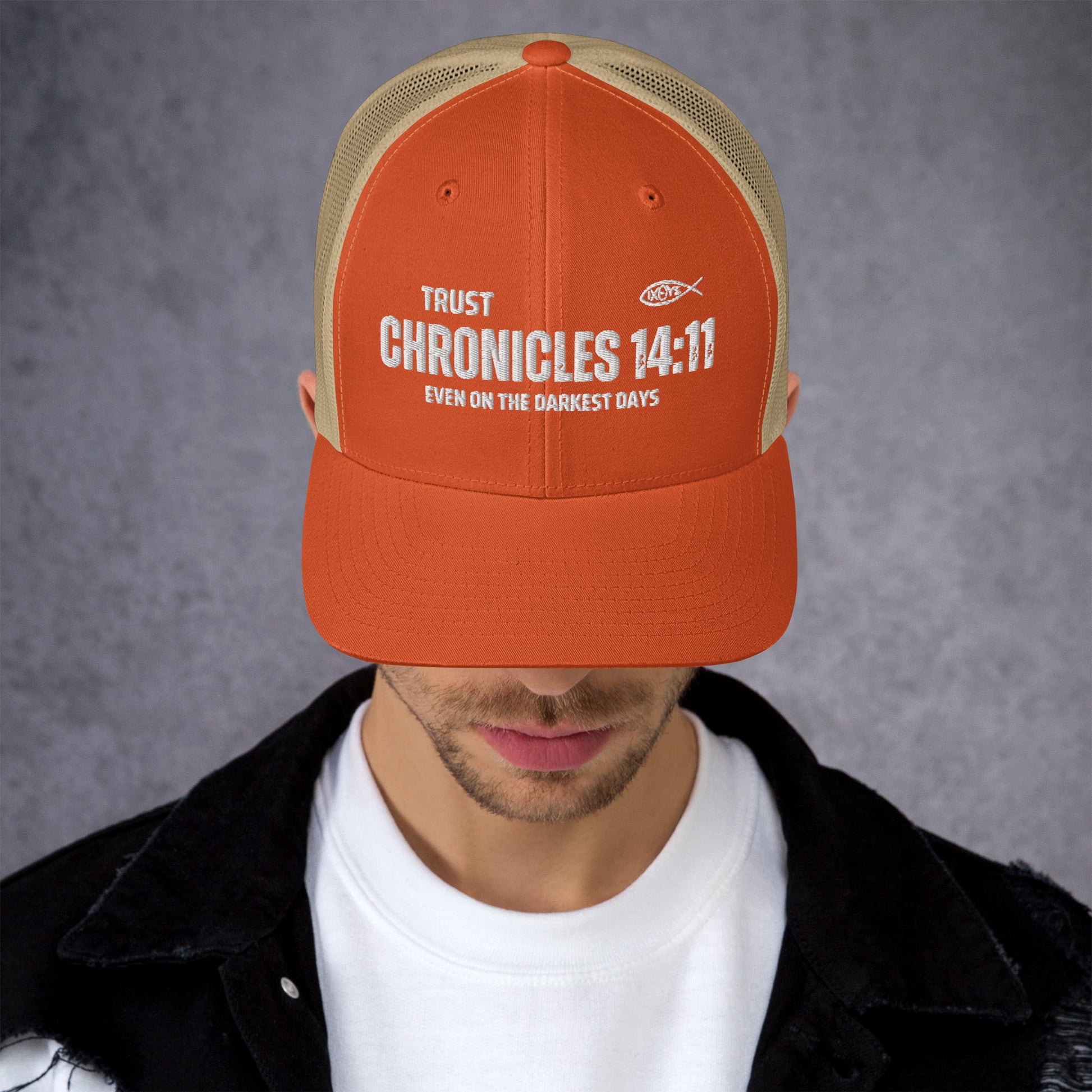 🧢 Chronicles 14:11 “Trust Even on the Darkest Days” Embroidered Trucker Snapback Hat | Hats – GodSpeed Threads