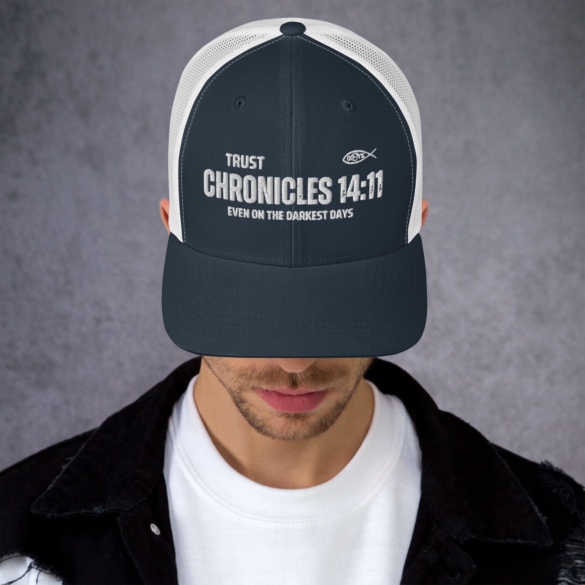 🧢 Chronicles 14:11 “Trust Even on the Darkest Days” Embroidered Trucker Snapback Hat | Hats – GodSpeed Threads