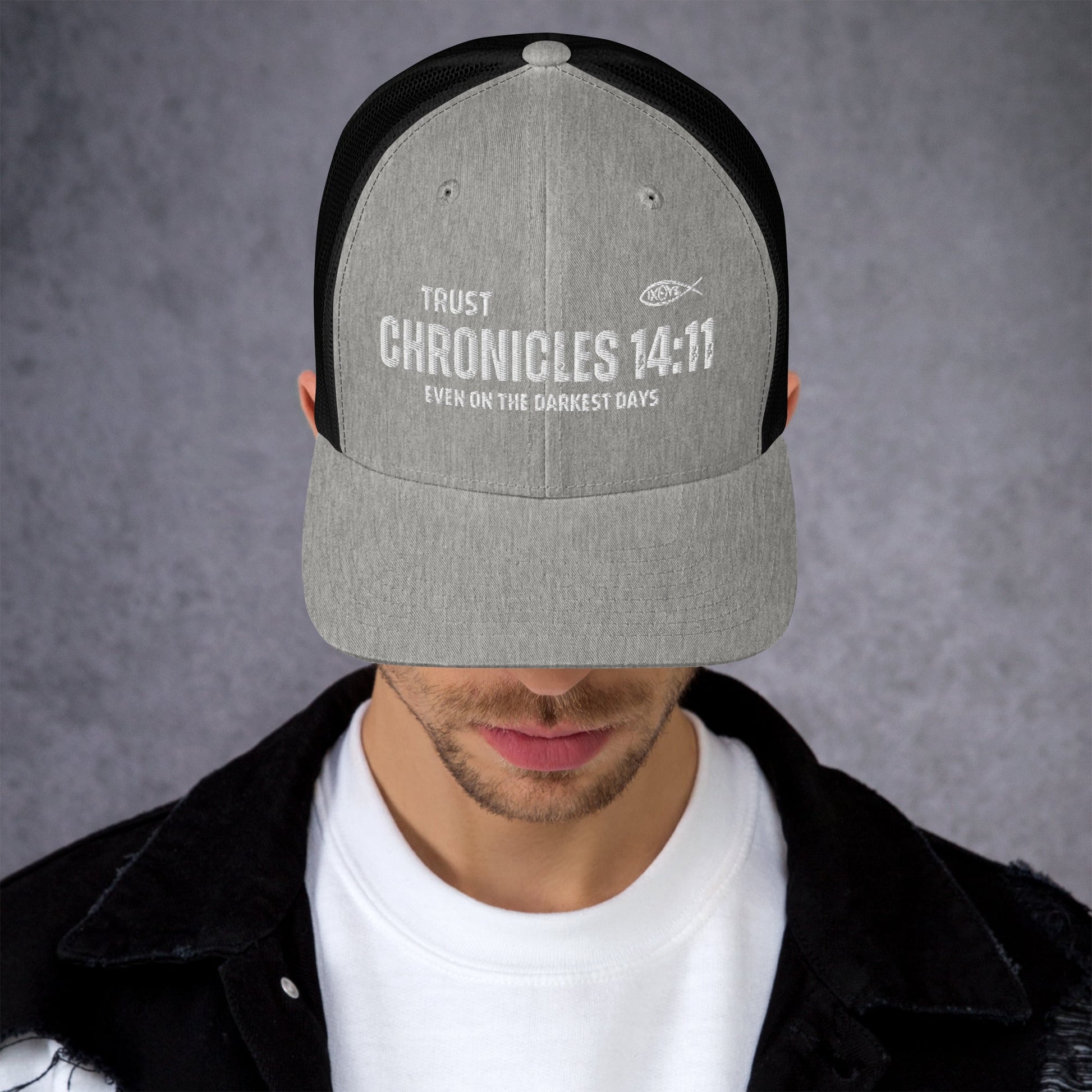 🧢 Chronicles 14:11 “Trust Even on the Darkest Days” Embroidered Trucker Snapback Hat | Hats – GodSpeed Threads