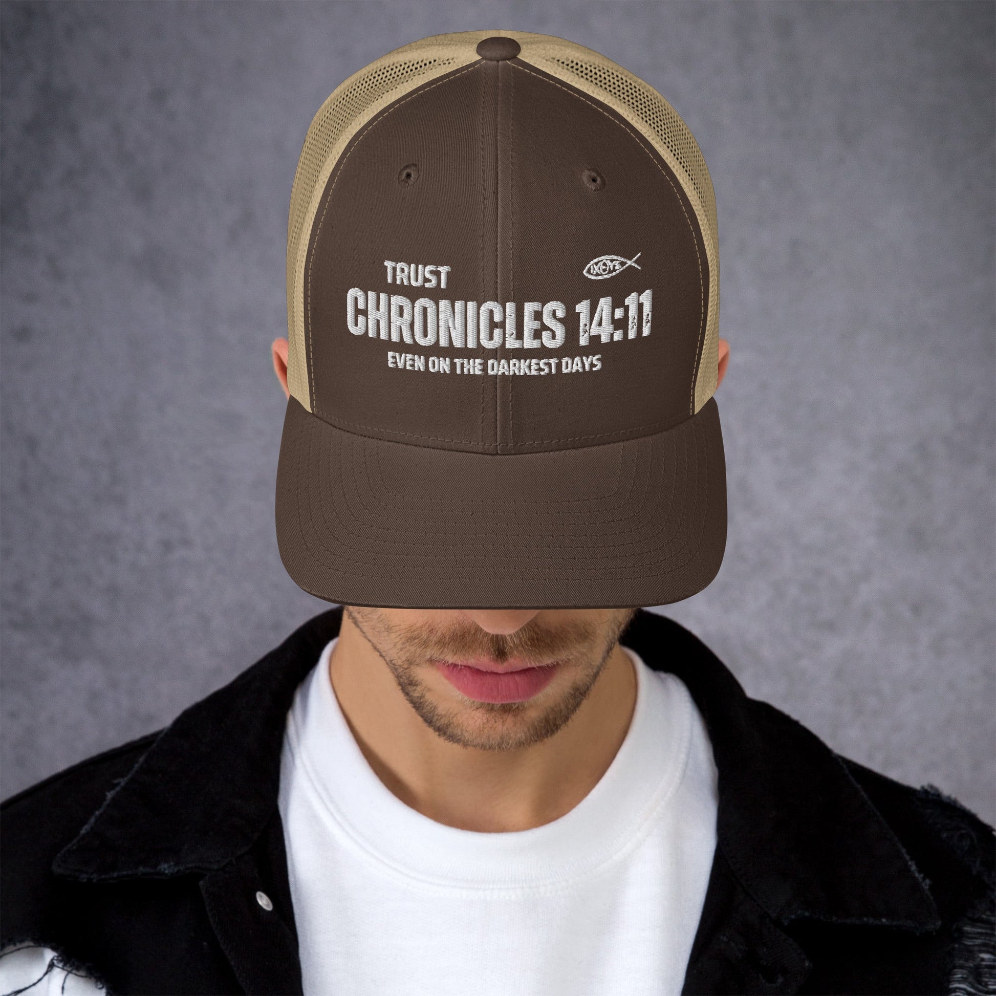 🧢 Chronicles 14:11 “Trust Even on the Darkest Days” Embroidered Trucker Snapback Hat | Hats – GodSpeed Threads