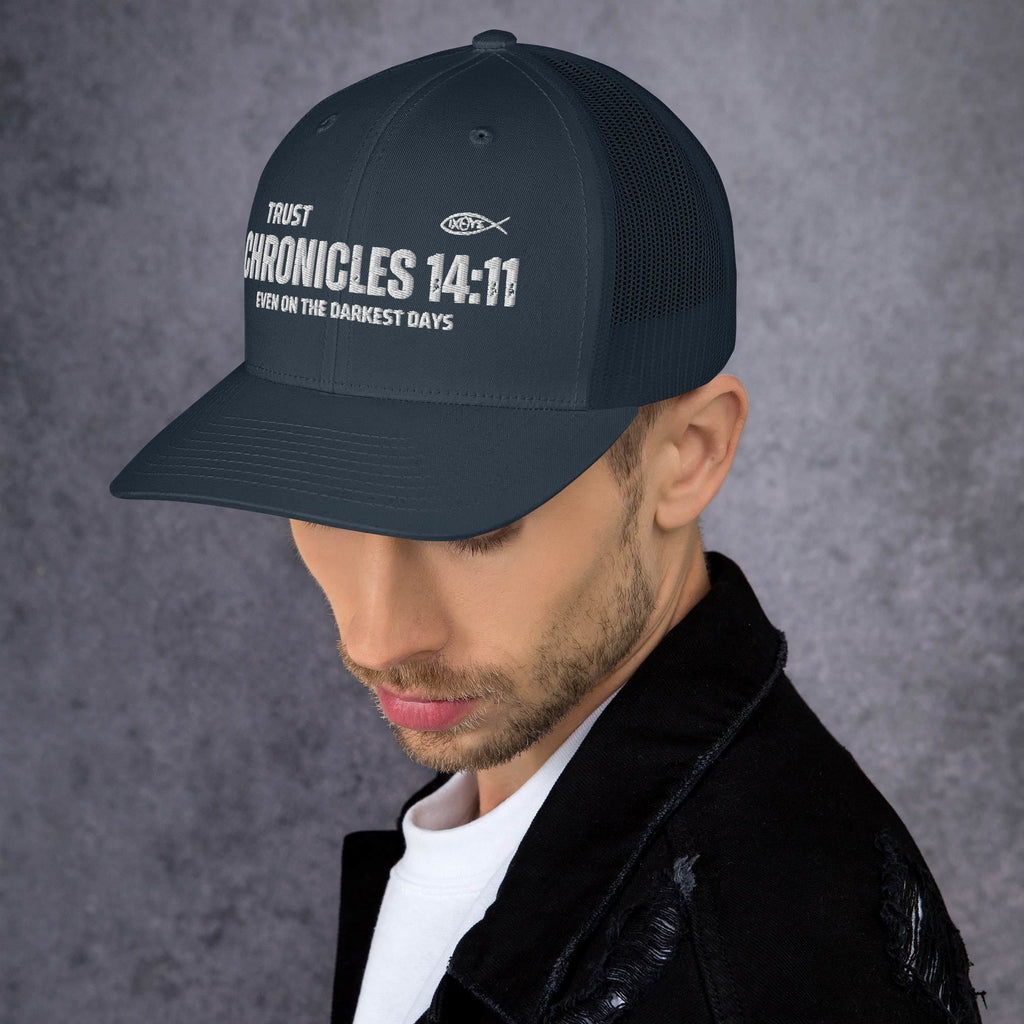 🧢 Chronicles 14:11 “Trust Even on the Darkest Days” Embroidered Trucker Snapback Hat | Hats – GodSpeed Threads