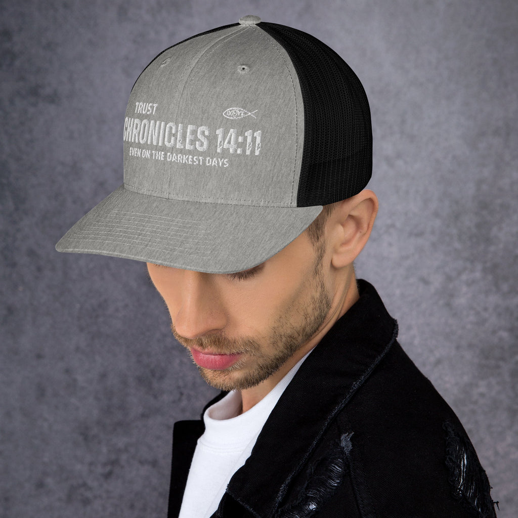 🧢 Chronicles 14:11 “Trust Even on the Darkest Days” Embroidered Trucker Snapback Hat | Hats – GodSpeed Threads