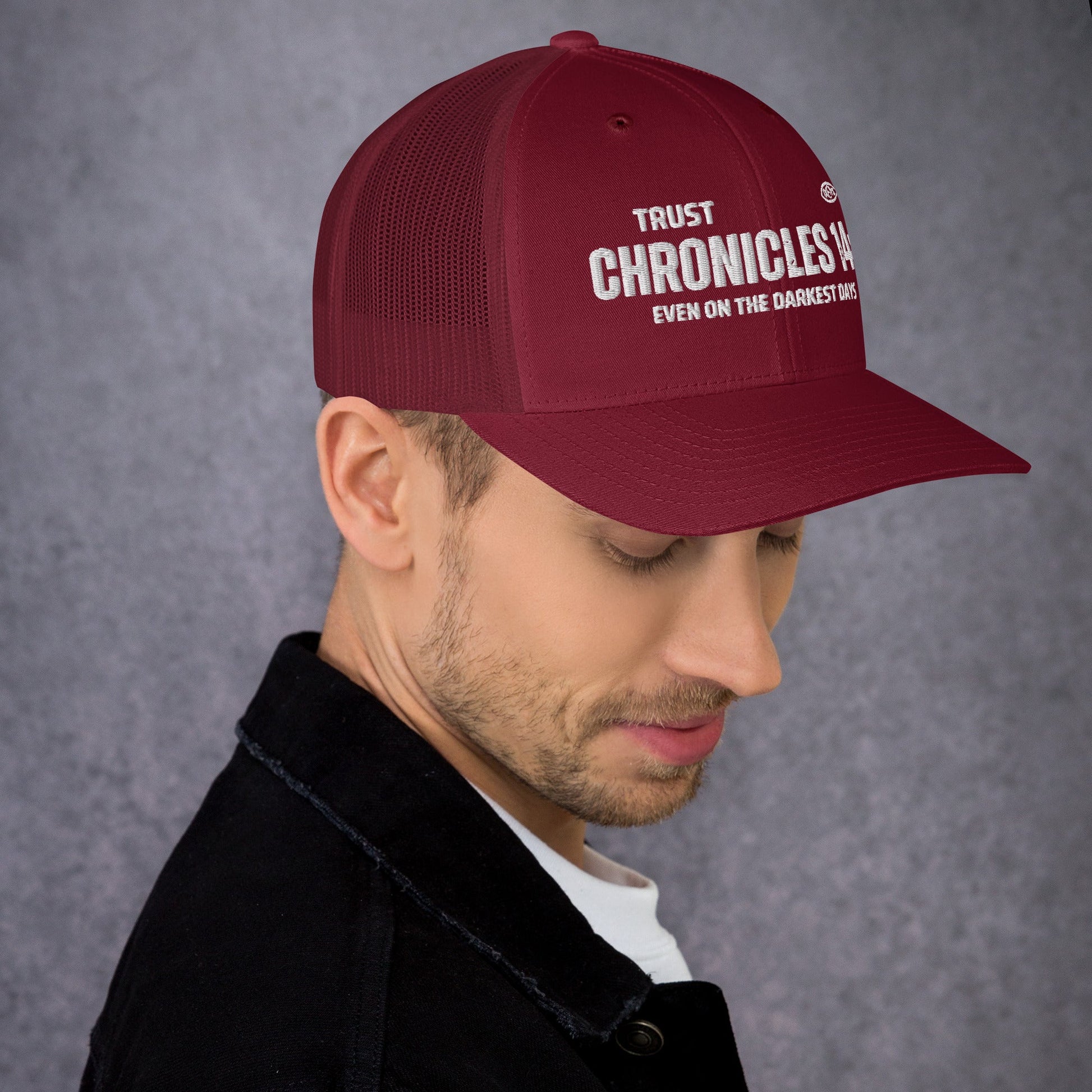 🧢 Chronicles 14:11 “Trust Even on the Darkest Days” Embroidered Trucker Snapback Hat | Hats – GodSpeed Threads