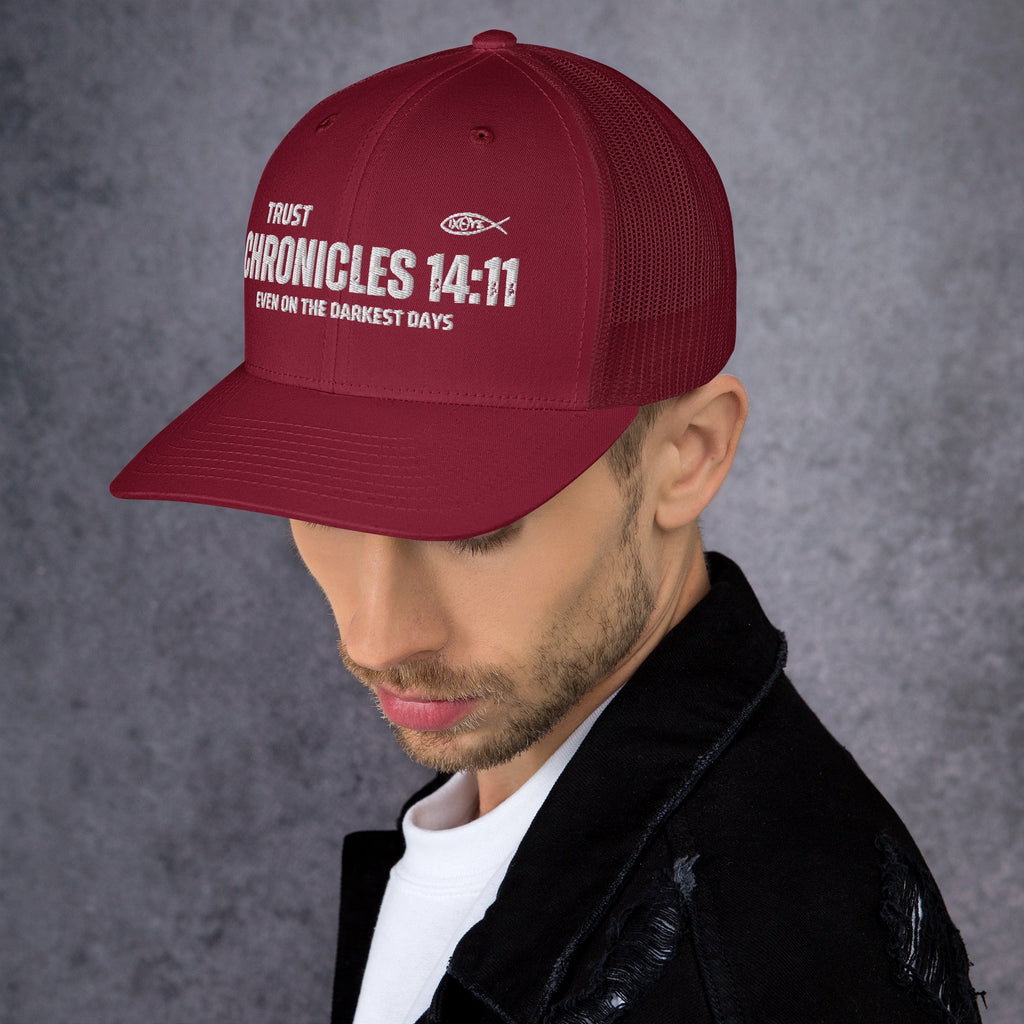 🧢 Chronicles 14:11 “Trust Even on the Darkest Days” Embroidered Trucker Snapback Hat | Hats – GodSpeed Threads