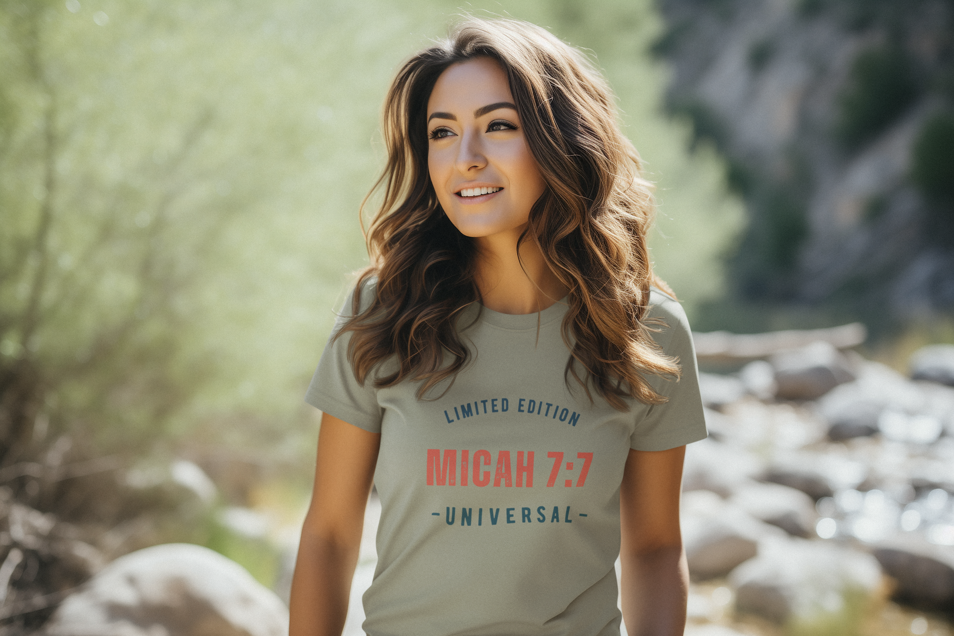 Woman wearing a t-shirt with text standing outdoors near a river