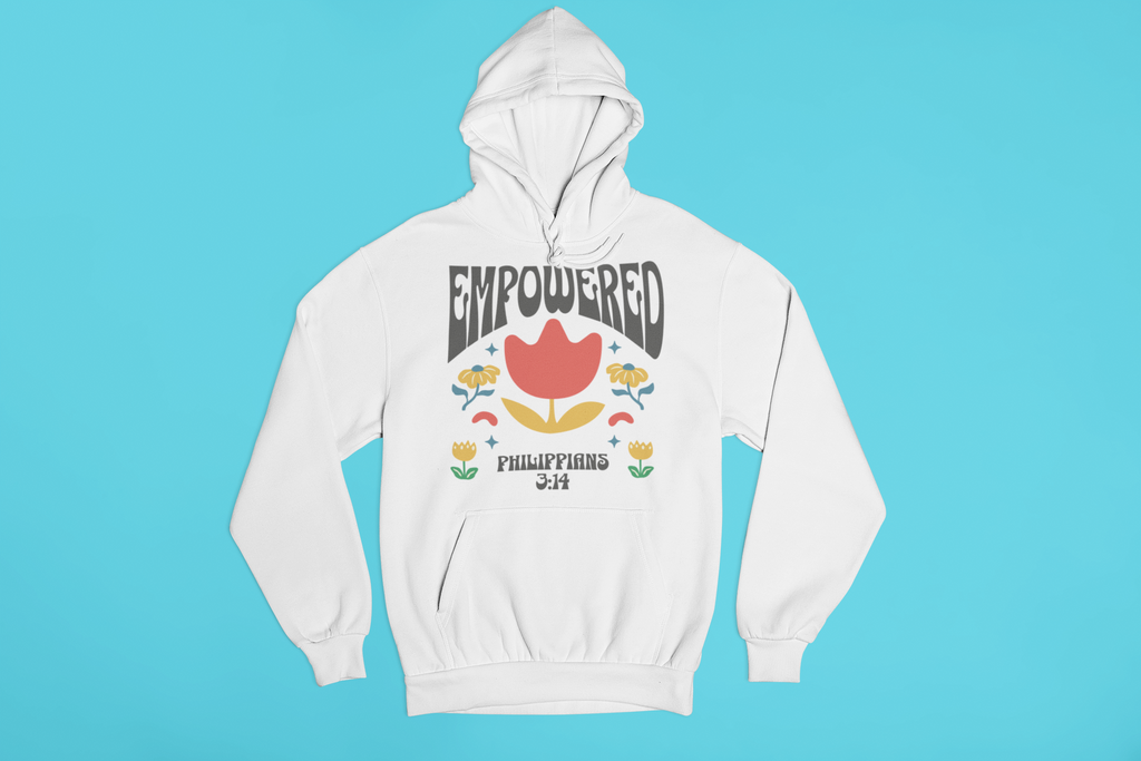 "Empowered Philippians 3:14 hoodie with vibrant floral Christian design."
"Faith-based hoodie with an uplifting Bible verse about perseverance."
"Cozy Christian hoodie featuring motivational scripture from Philippians 3:14."
"Inspirational Christian hoodie for faith-driven individuals."
"Stylish Christian streetwear hoodie with empowering message."