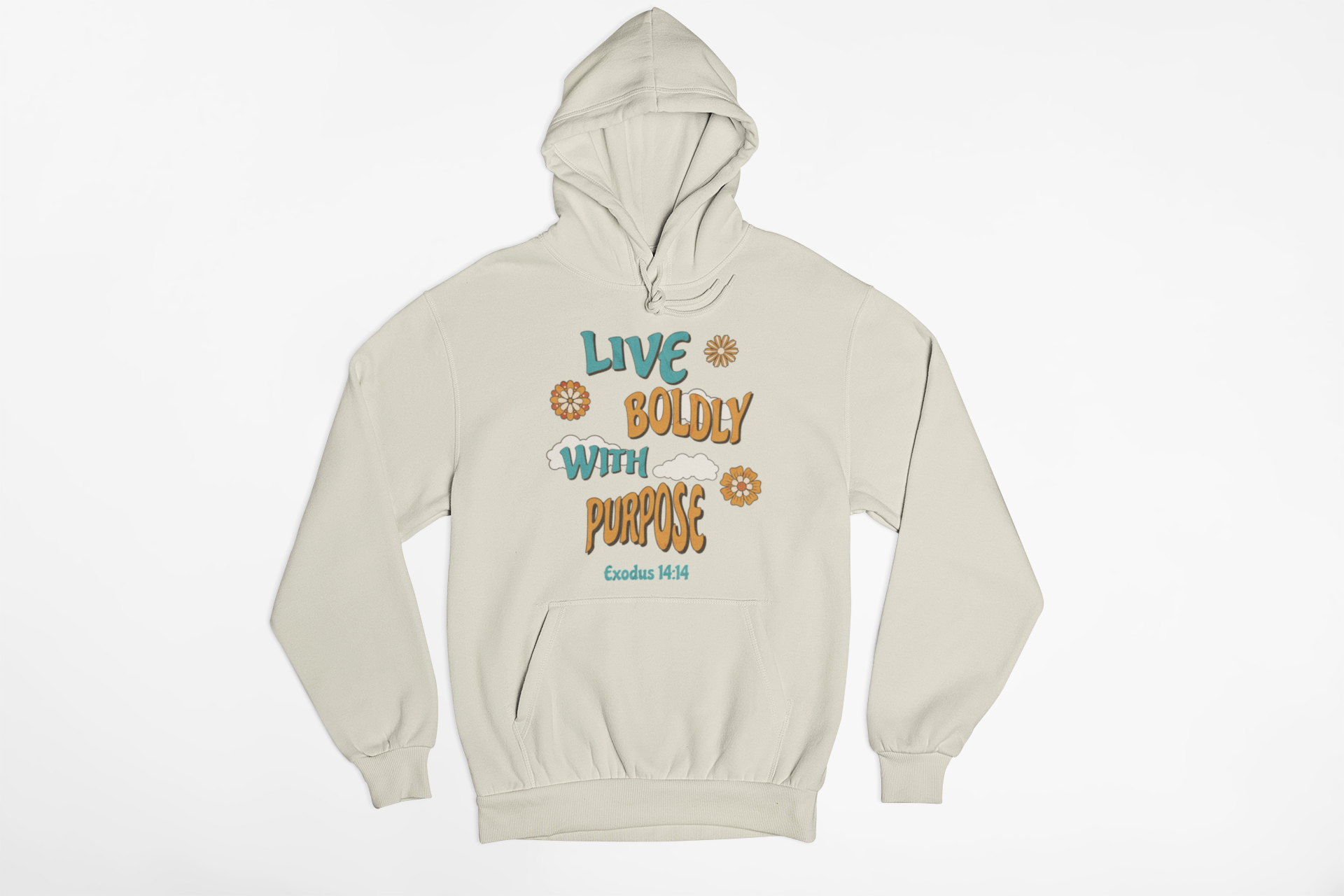 "Exodus 14:14 Christian hoodie with Live Boldly With Purpose design."
"Faith-based hoodie featuring floral retro typography and scripture."
"Inspirational Christian hoodie with Exodus 14:14 Bible verse."
"Christian pullover hoodie with a motivational faith message."
"Religious hoodie for believers, worship leaders, and Bible lovers."