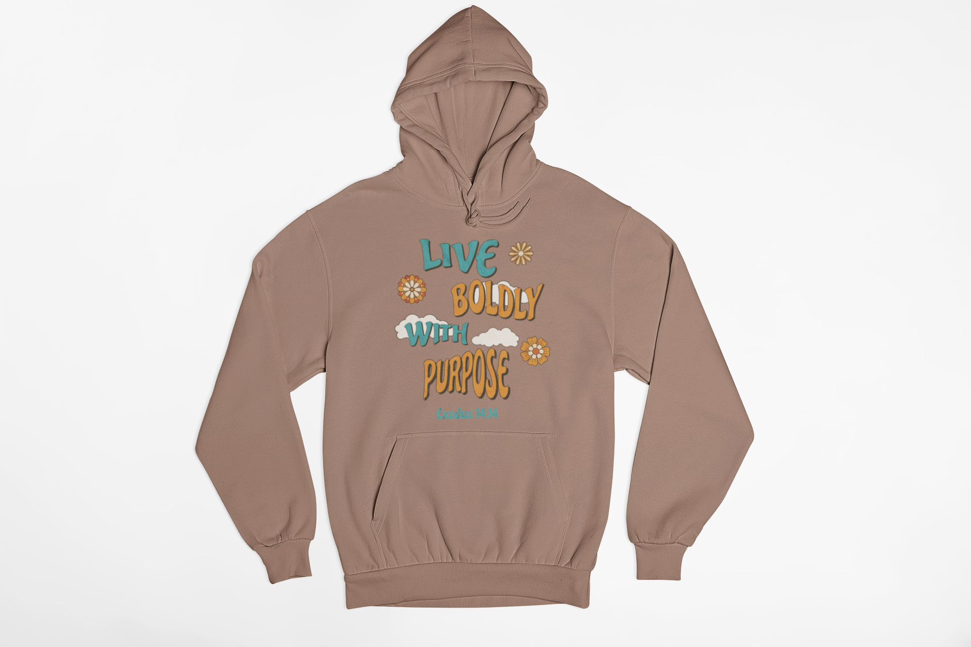 "Exodus 14:14 Christian hoodie with Live Boldly With Purpose design."
"Faith-based hoodie featuring floral retro typography and scripture."
"Inspirational Christian hoodie with Exodus 14:14 Bible verse."
"Christian pullover hoodie with a motivational faith message."
"Religious hoodie for believers, worship leaders, and Bible lovers."