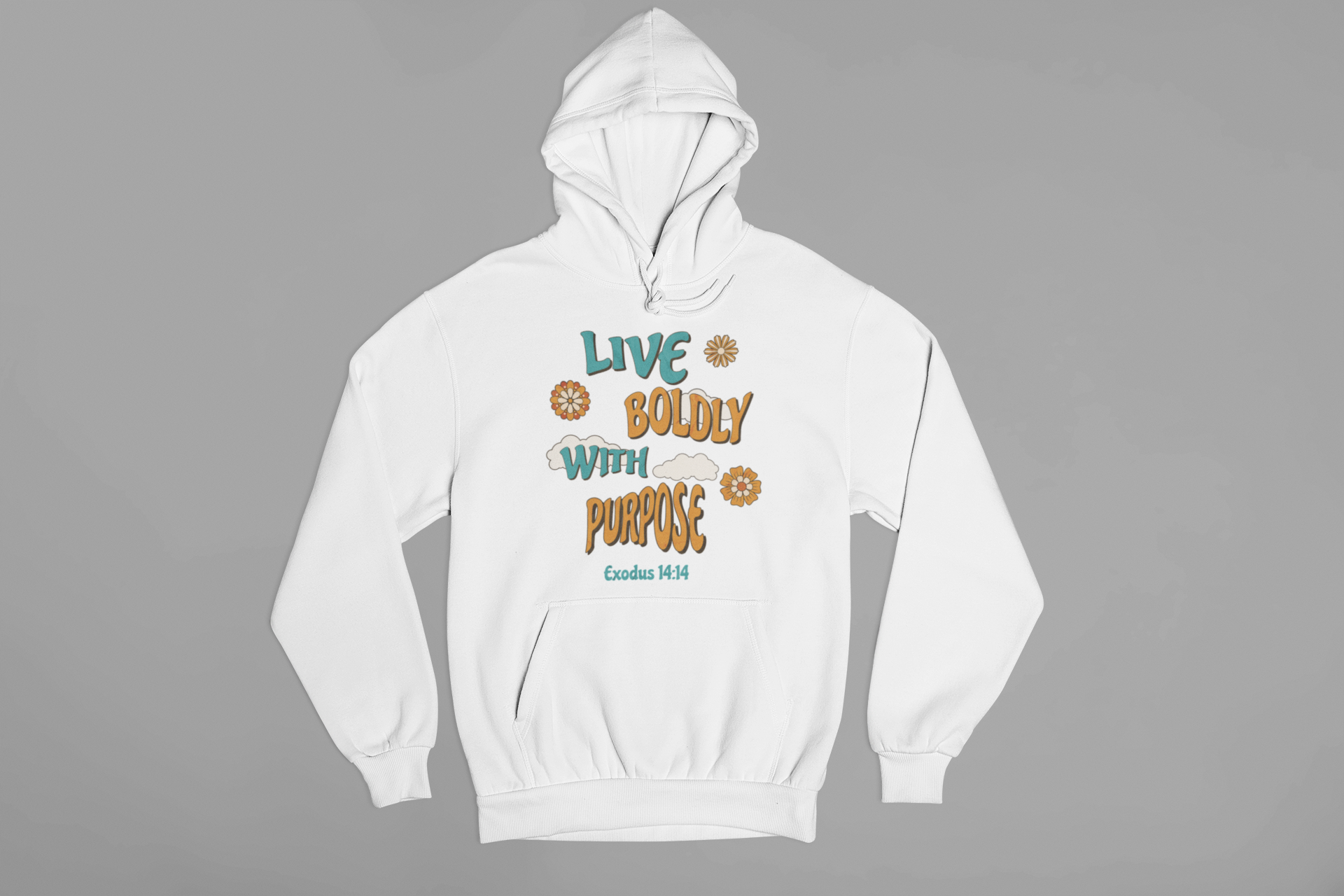 "Exodus 14:14 Christian hoodie with Live Boldly With Purpose design."
"Faith-based hoodie featuring floral retro typography and scripture."
"Inspirational Christian hoodie with Exodus 14:14 Bible verse."
"Christian pullover hoodie with a motivational faith message."
"Religious hoodie for believers, worship leaders, and Bible lovers."