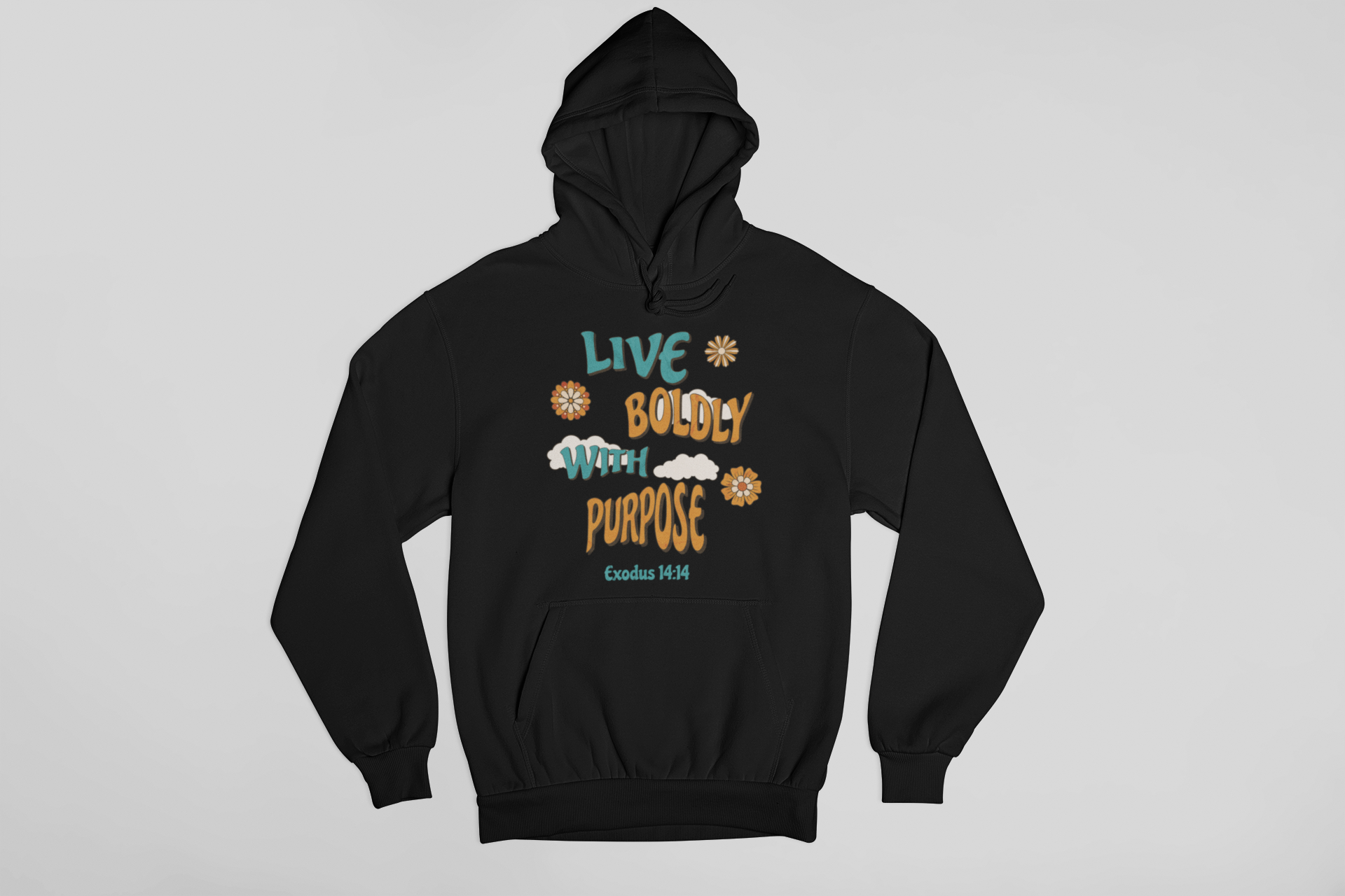 "Exodus 14:14 Christian hoodie with Live Boldly With Purpose design."
"Faith-based hoodie featuring floral retro typography and scripture."
"Inspirational Christian hoodie with Exodus 14:14 Bible verse."
"Christian pullover hoodie with a motivational faith message."
"Religious hoodie for believers, worship leaders, and Bible lovers."